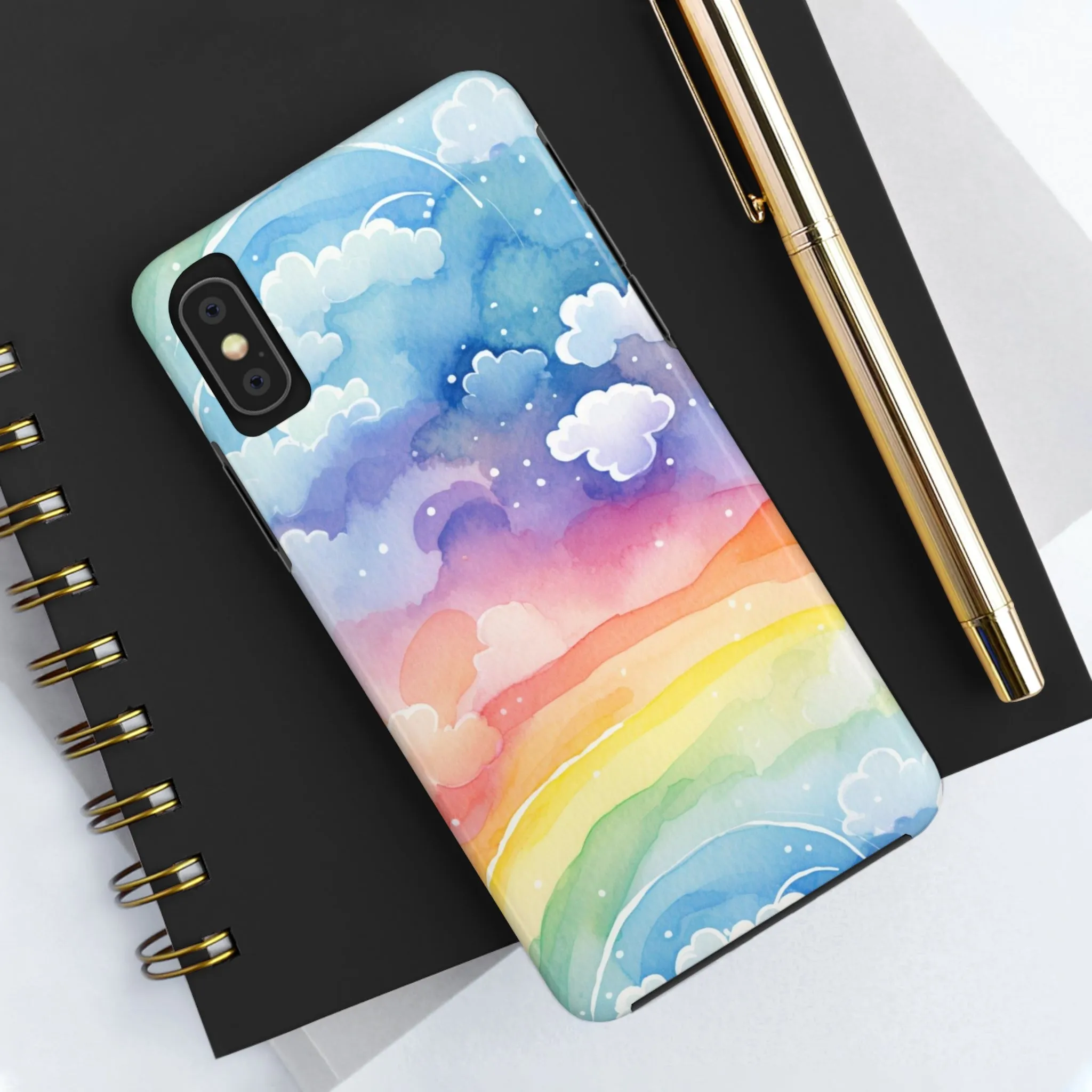 Rainbow Tough Phone Case, Watercolor Clouds iPhone 14 13 Pro Max 12 11 X XR XS SE 7 8 Plus Cell Cover Cool Aesthetic