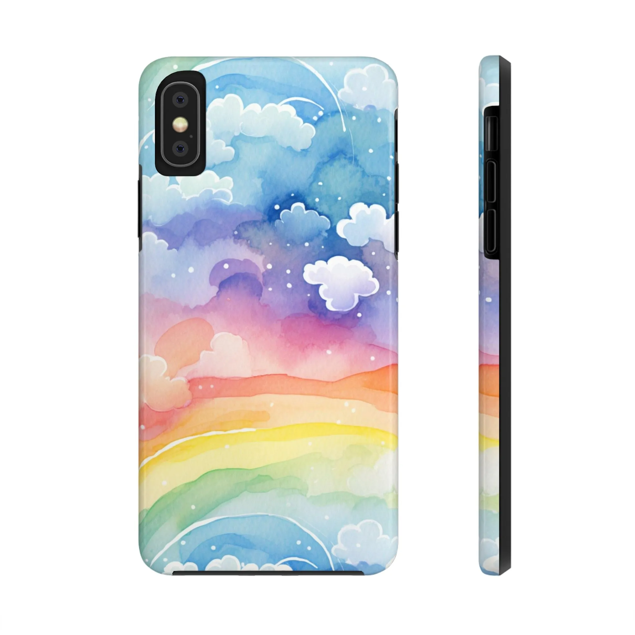 Rainbow Tough Phone Case, Watercolor Clouds iPhone 14 13 Pro Max 12 11 X XR XS SE 7 8 Plus Cell Cover Cool Aesthetic