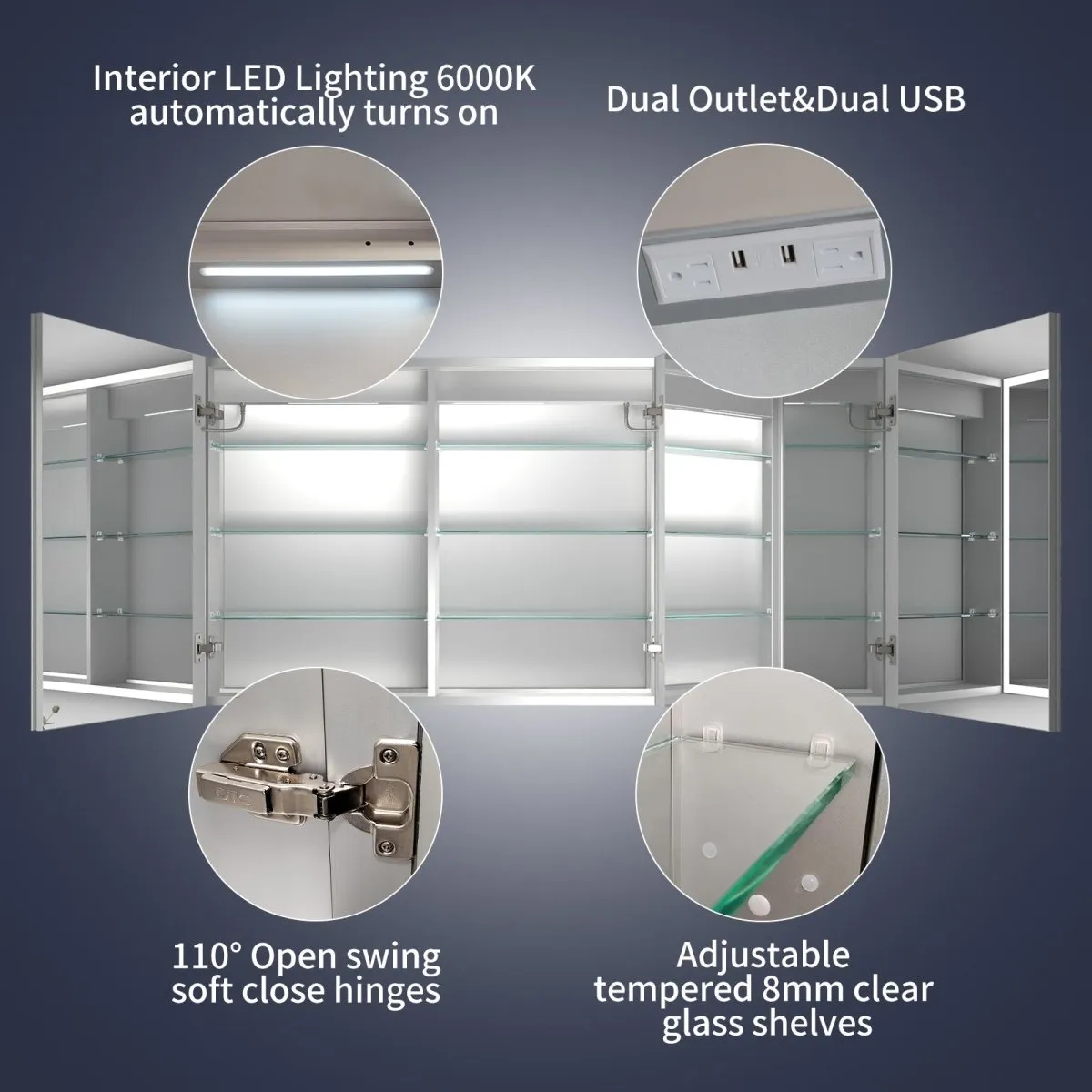 Rim 60" W x 30" H LED Lighted Medicine Cabinet Recessed or Surface with Mirrors and Clock