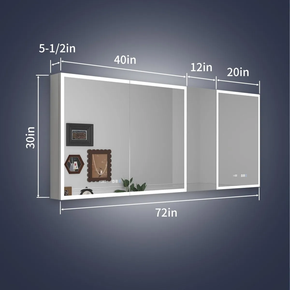 Rim 72" W x 30" H LED Lighted Big Medicine Cabinet Recessed or Surface with Mirrors and Clock