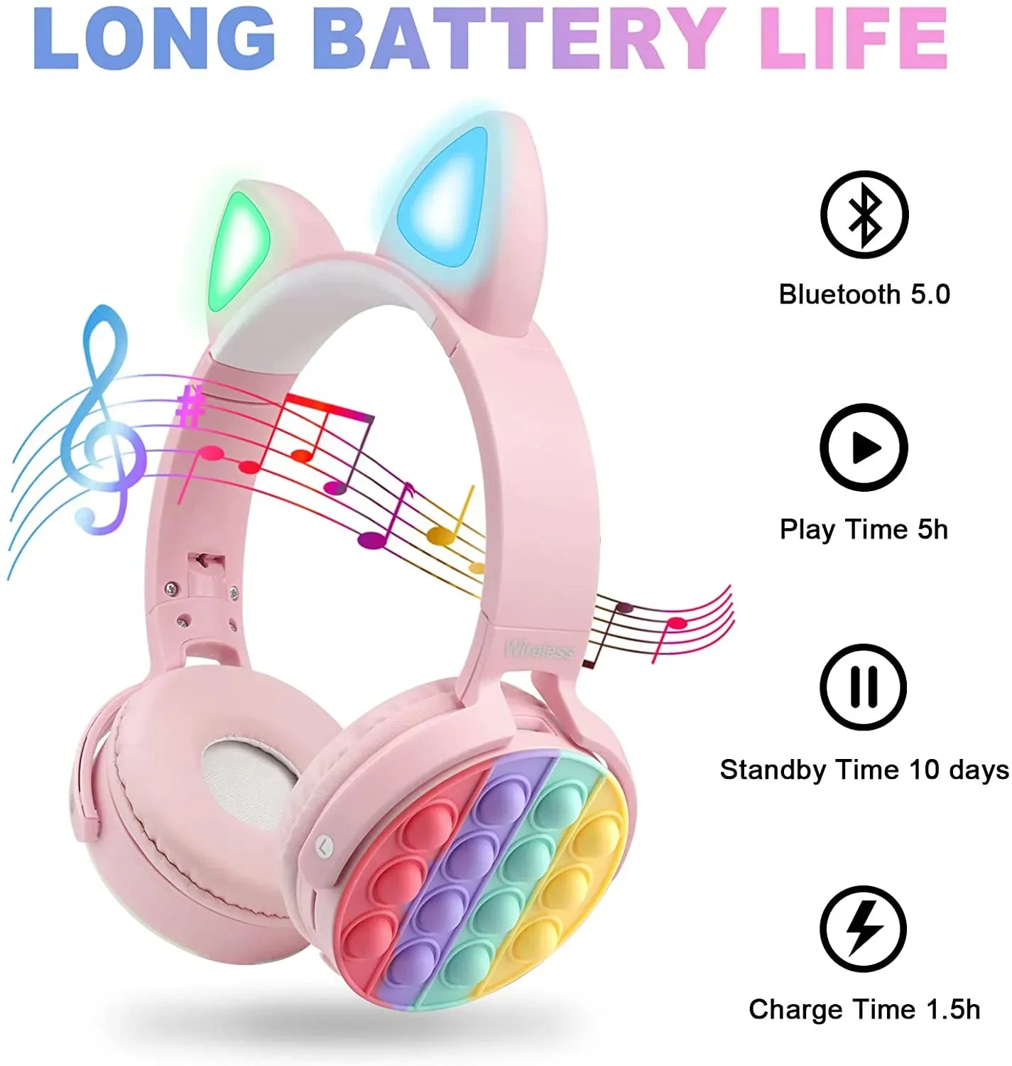 Romanda Cat Ear Headphones with Pop Fidget Toy, 5.0 Bluetooth Wireless Headphones for Kids, Noise Cancelling Headphones for Kids - Pink