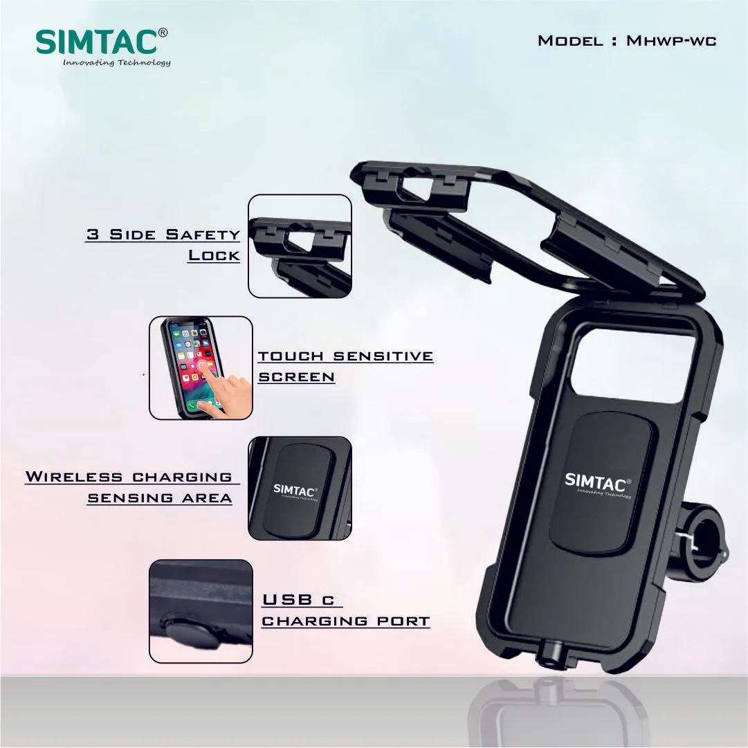 SIMTAC Mobile Holder Waterproof Wireless Charger With USB C For Bikes/ Scooters| MHWPWC-15C