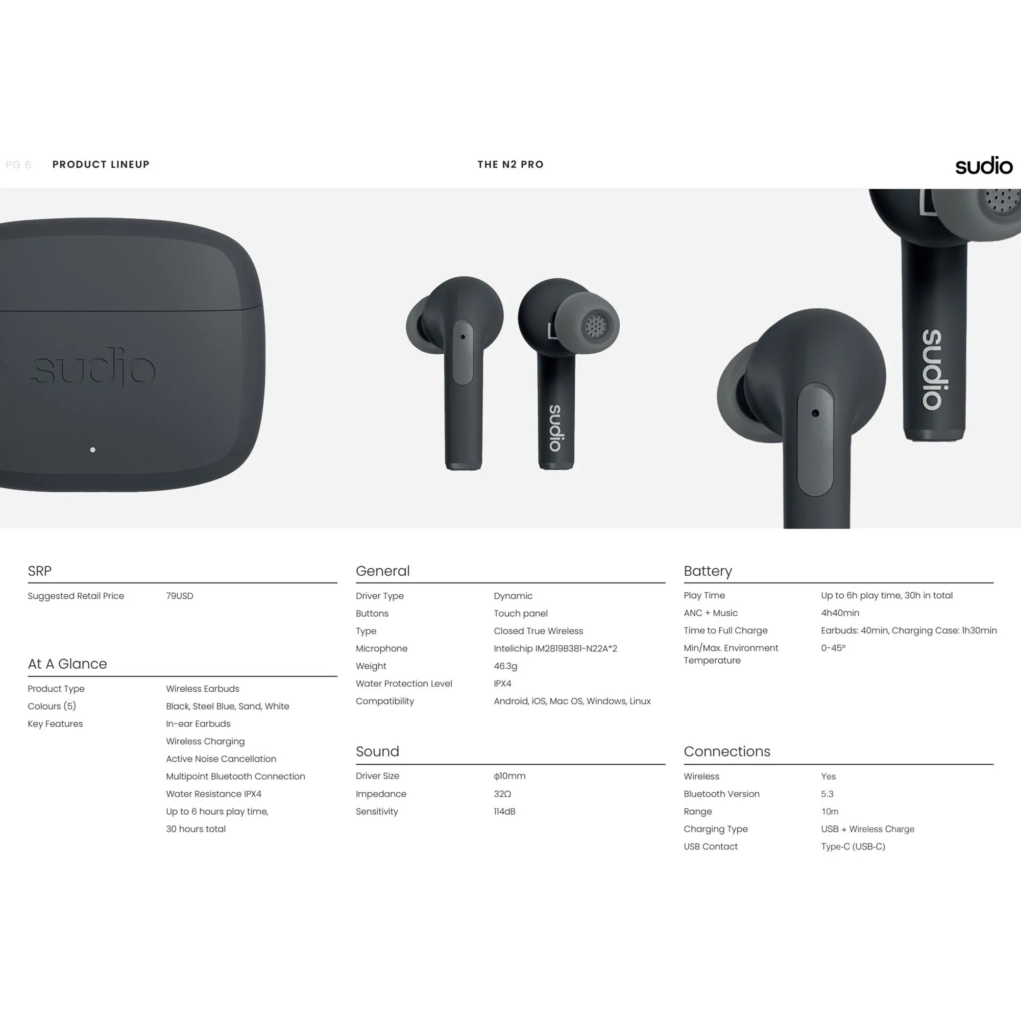 Sudio N2 Pro - Wireless Earbuds with Active Noise Cancelling IPX4 Water Resistant - Black