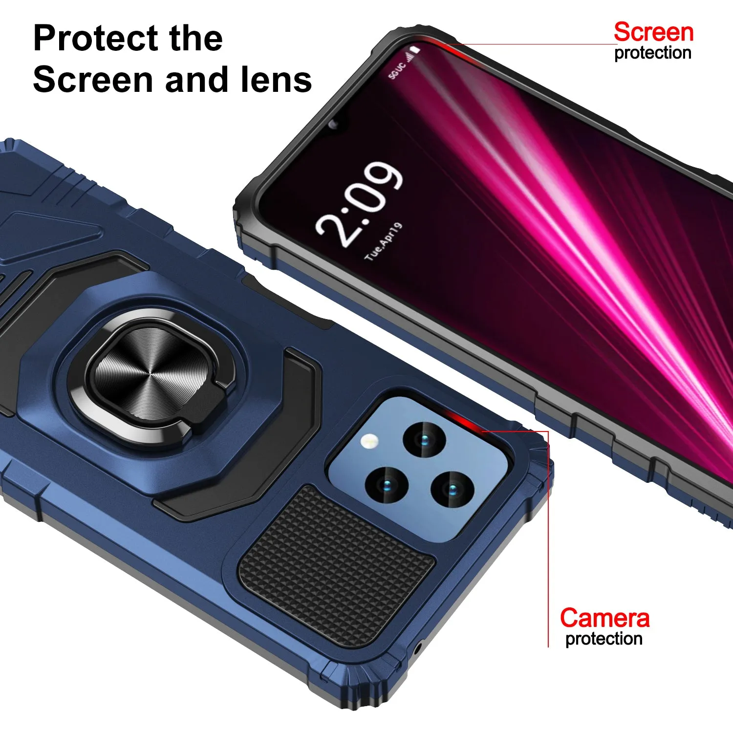 T-Mobile REVVL 6 5G Case [Military Grade] Ring Car Mount Kickstand w/[Tempered Glass] Hybrid Hard PC Soft TPU Shockproof Protective Case - Blue