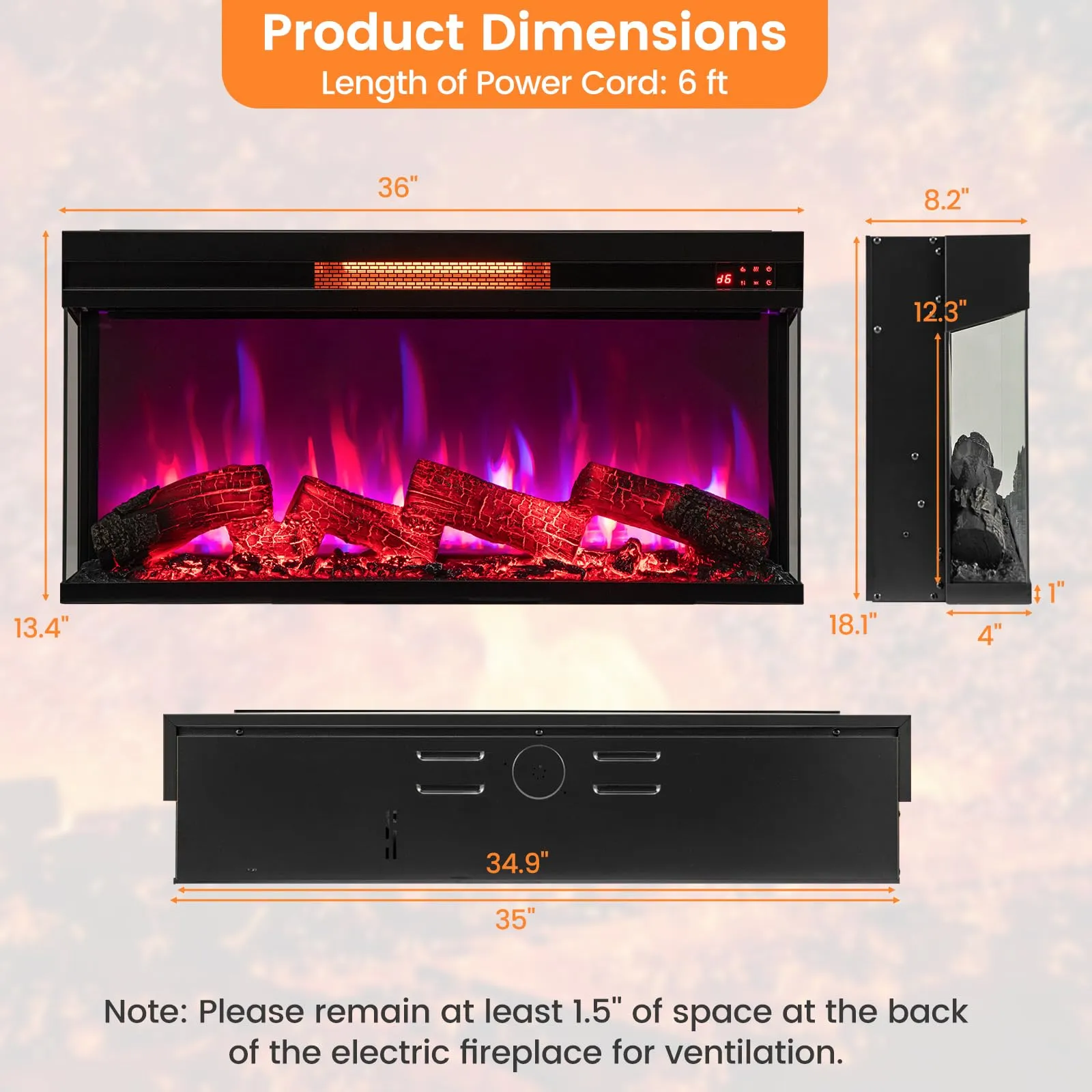 Tangkula 36 Inch 3-Sided Electric Fireplace, 1500W Recessed Fireplace Insert w/ 7-Color Flame