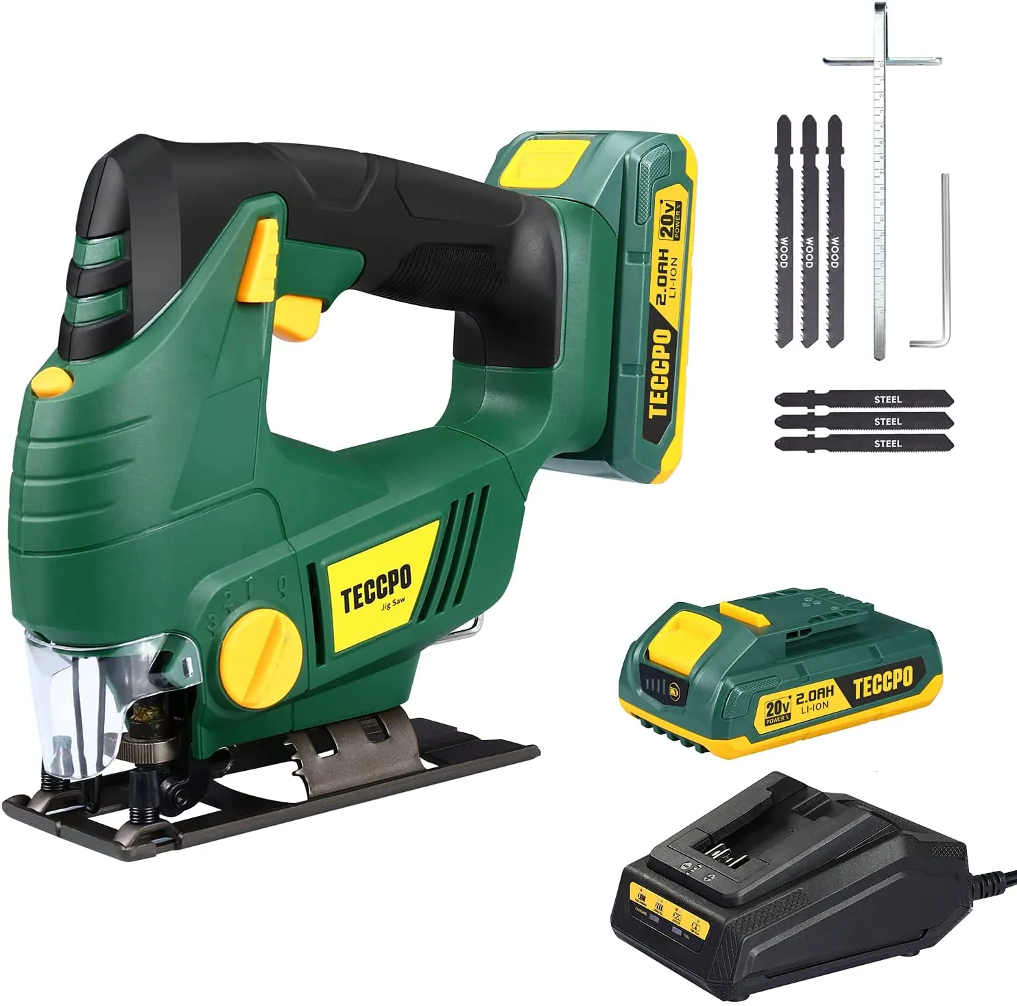 TECCPO Cordless Jigsaw, 20V MAX 2.0Ah Jig Saw with Battery and Charger, 0-2,200SPM Adjustable Speed, -45°~ 45° Bevel Cutting, 1H Fast Charger, 6Pcs Blades for Wood,Metal and Plastic Cuts - MTW500B