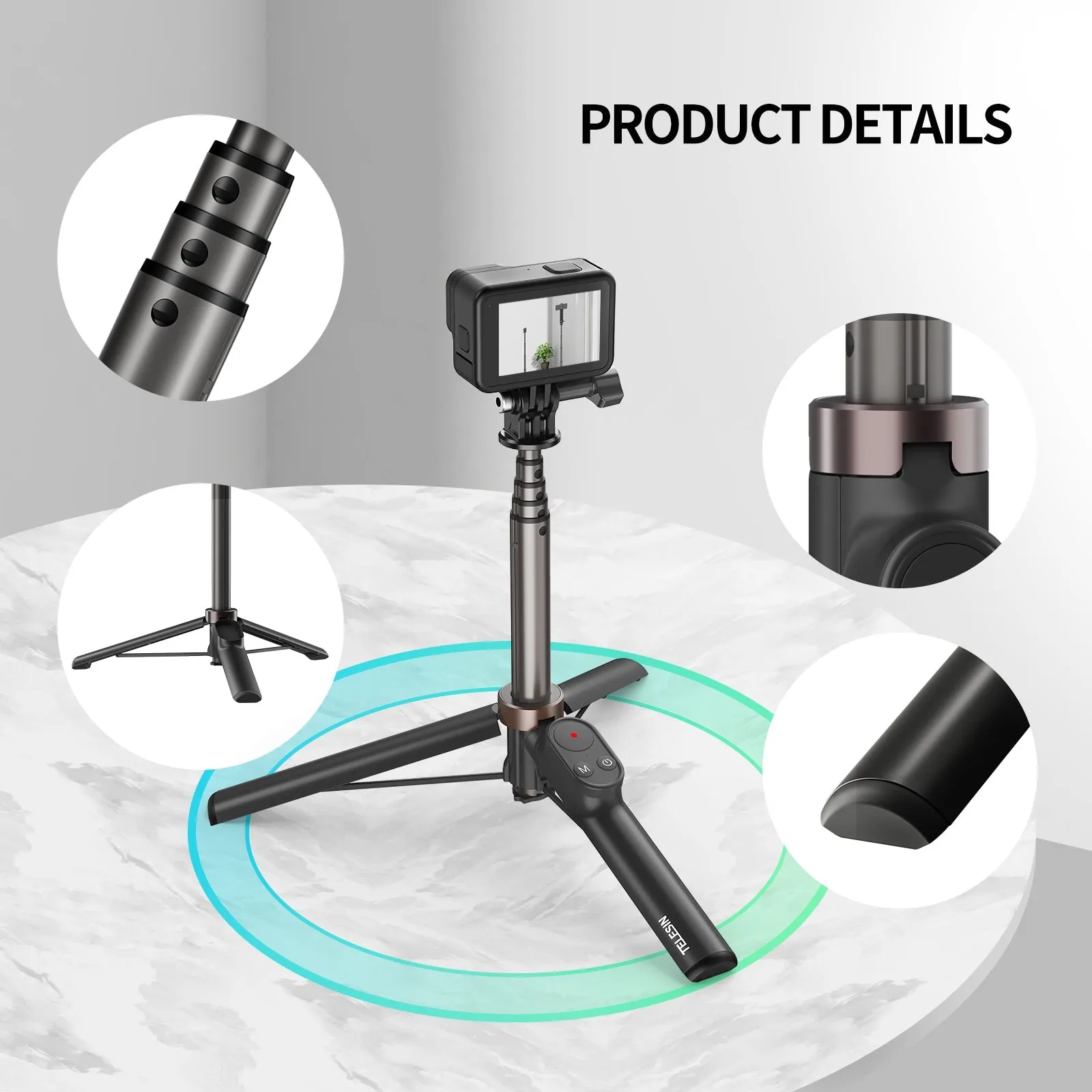 TELESIN 0.6m Vlog Selfie Stick Tripod with Remote for GoPro/ Phone