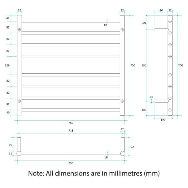 Thermogroup 8 Bar Thermorail Heated Towel Ladder 750mm