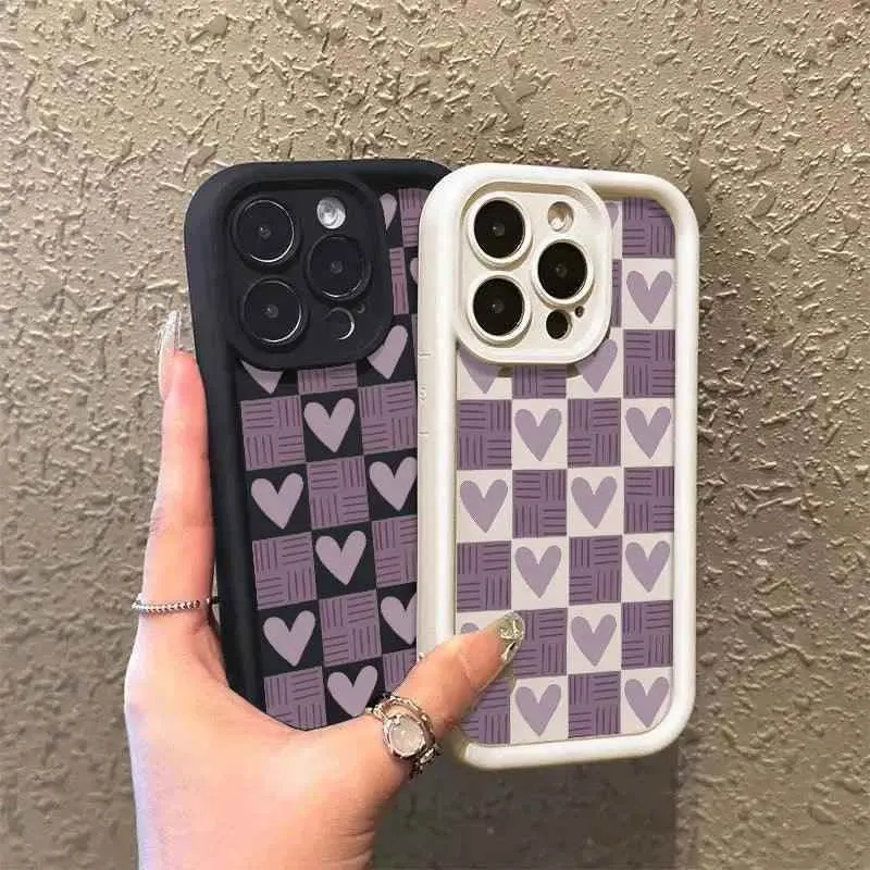 TSP130 Cute Phone Cases For iPhone 15, 14, 13, 12, 11, Pro Max, XS, XR, X, 8, 7 Plus, and SE2 - Matte Heart Grid Pattern