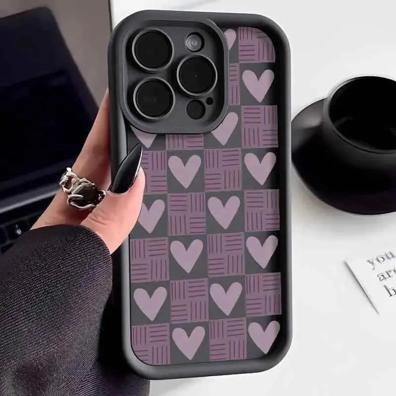 TSP130 Cute Phone Cases For iPhone 15, 14, 13, 12, 11, Pro Max, XS, XR, X, 8, 7 Plus, and SE2 - Matte Heart Grid Pattern