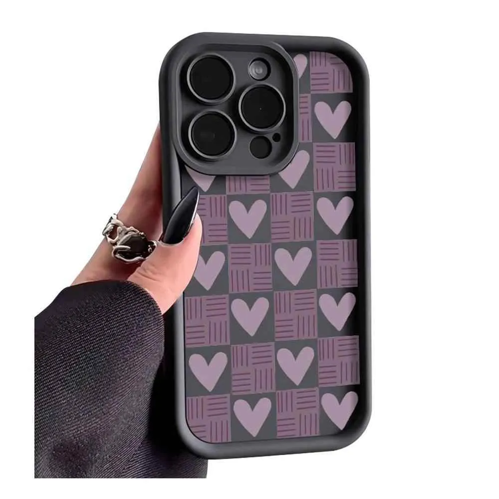 TSP130 Cute Phone Cases For iPhone 15, 14, 13, 12, 11, Pro Max, XS, XR, X, 8, 7 Plus, and SE2 - Matte Heart Grid Pattern