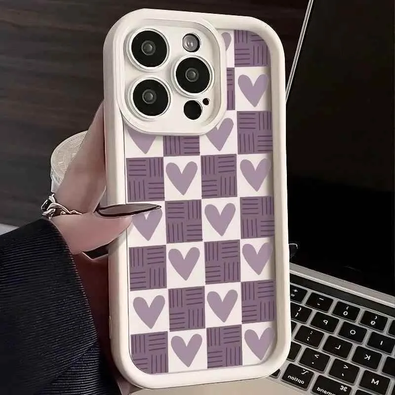 TSP130 Cute Phone Cases For iPhone 15, 14, 13, 12, 11, Pro Max, XS, XR, X, 8, 7 Plus, and SE2 - Matte Heart Grid Pattern