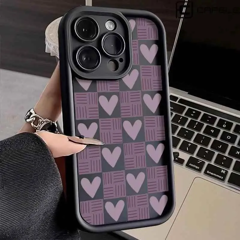 TSP130 Cute Phone Cases For iPhone 15, 14, 13, 12, 11, Pro Max, XS, XR, X, 8, 7 Plus, and SE2 - Matte Heart Grid Pattern