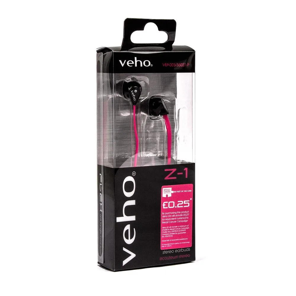 Veho 360 Z-1 Stereo Noise isolating Earphones with flex 'anti' tangle cord system - Pink