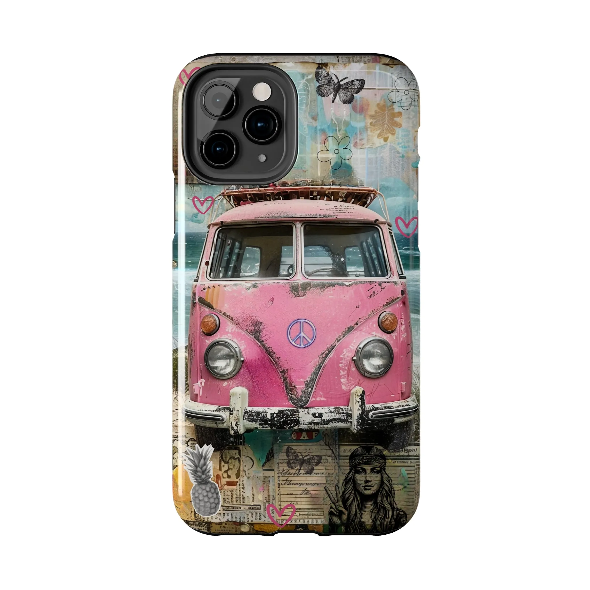 Vintage Pink Hippie Van Collage iPhone Case, Retro Beach Scene Collage, Bohemian Aesthetic Phone Cover, Artsy Surf Design, Protective Phone Cover compatible with a large variety of iPhone models, Phone Case, Gift