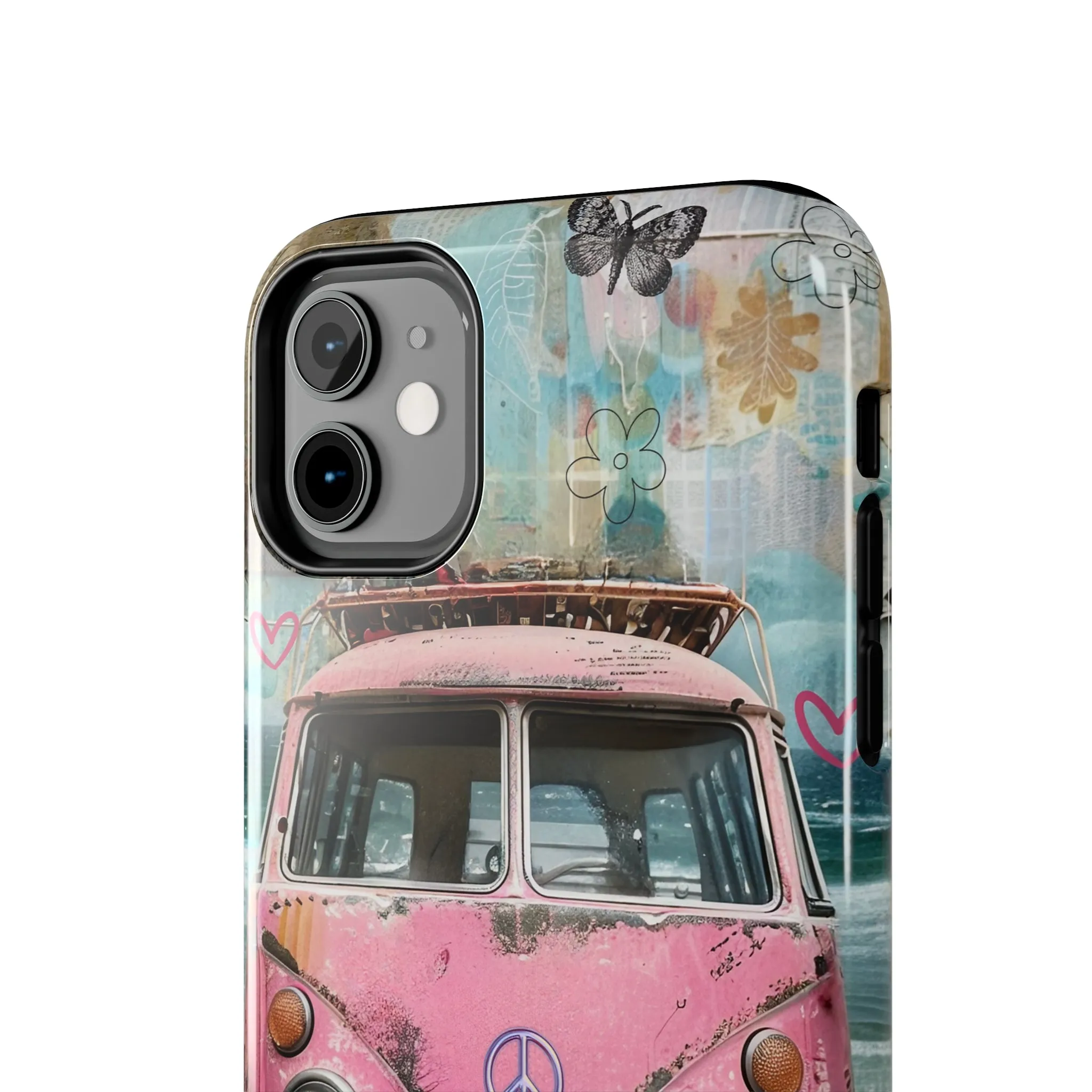 Vintage Pink Hippie Van Collage iPhone Case, Retro Beach Scene Collage, Bohemian Aesthetic Phone Cover, Artsy Surf Design, Protective Phone Cover compatible with a large variety of iPhone models, Phone Case, Gift