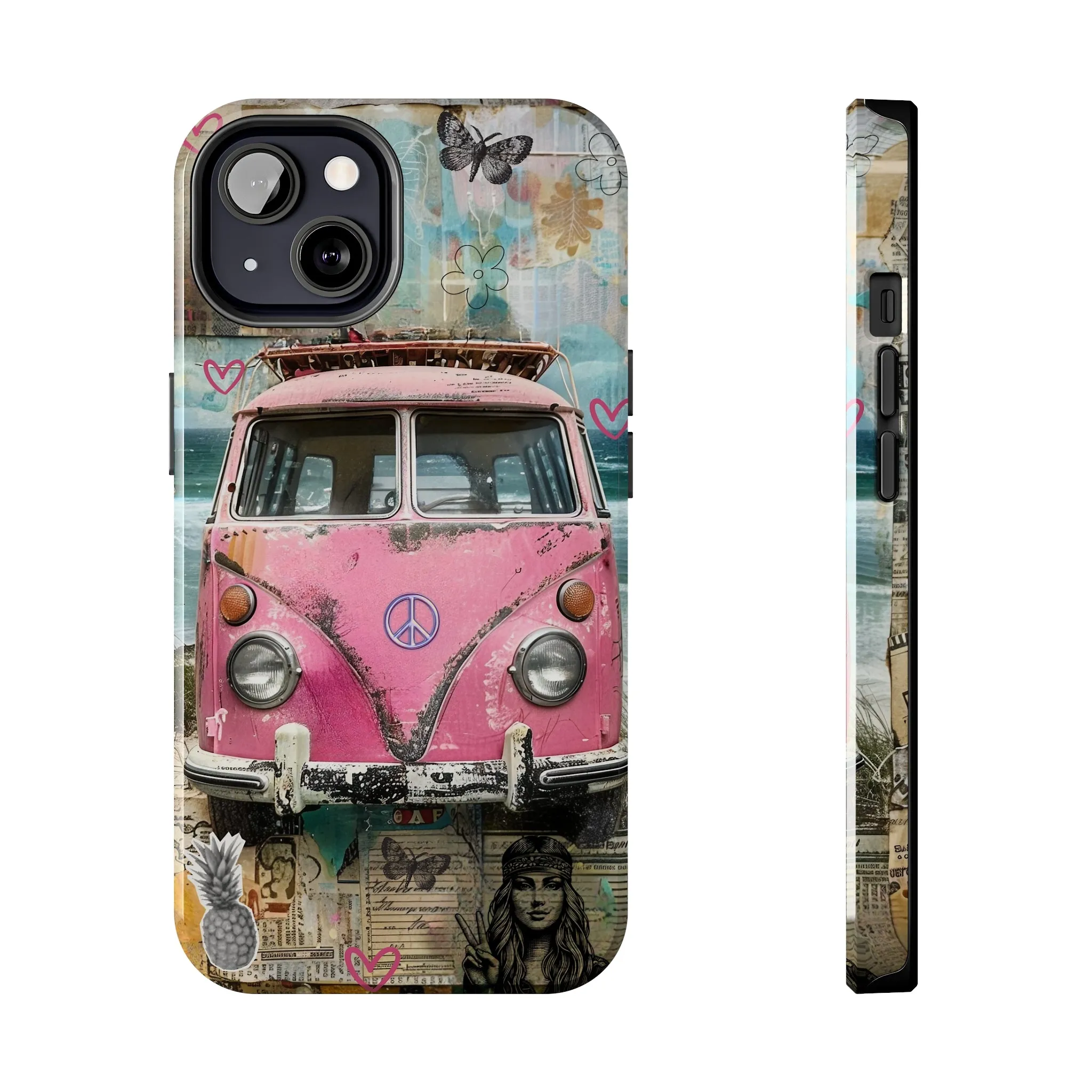 Vintage Pink Hippie Van Collage iPhone Case, Retro Beach Scene Collage, Bohemian Aesthetic Phone Cover, Artsy Surf Design, Protective Phone Cover compatible with a large variety of iPhone models, Phone Case, Gift