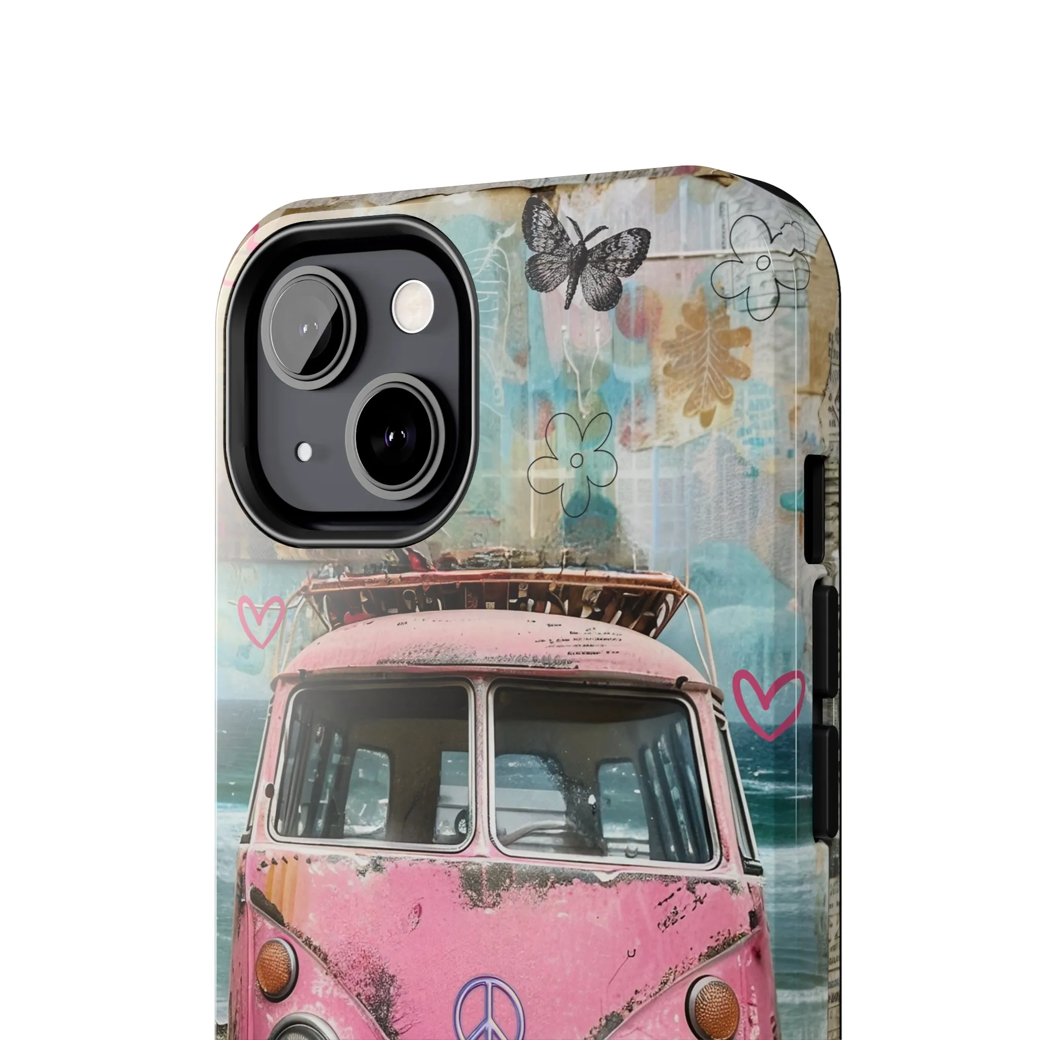 Vintage Pink Hippie Van Collage iPhone Case, Retro Beach Scene Collage, Bohemian Aesthetic Phone Cover, Artsy Surf Design, Protective Phone Cover compatible with a large variety of iPhone models, Phone Case, Gift