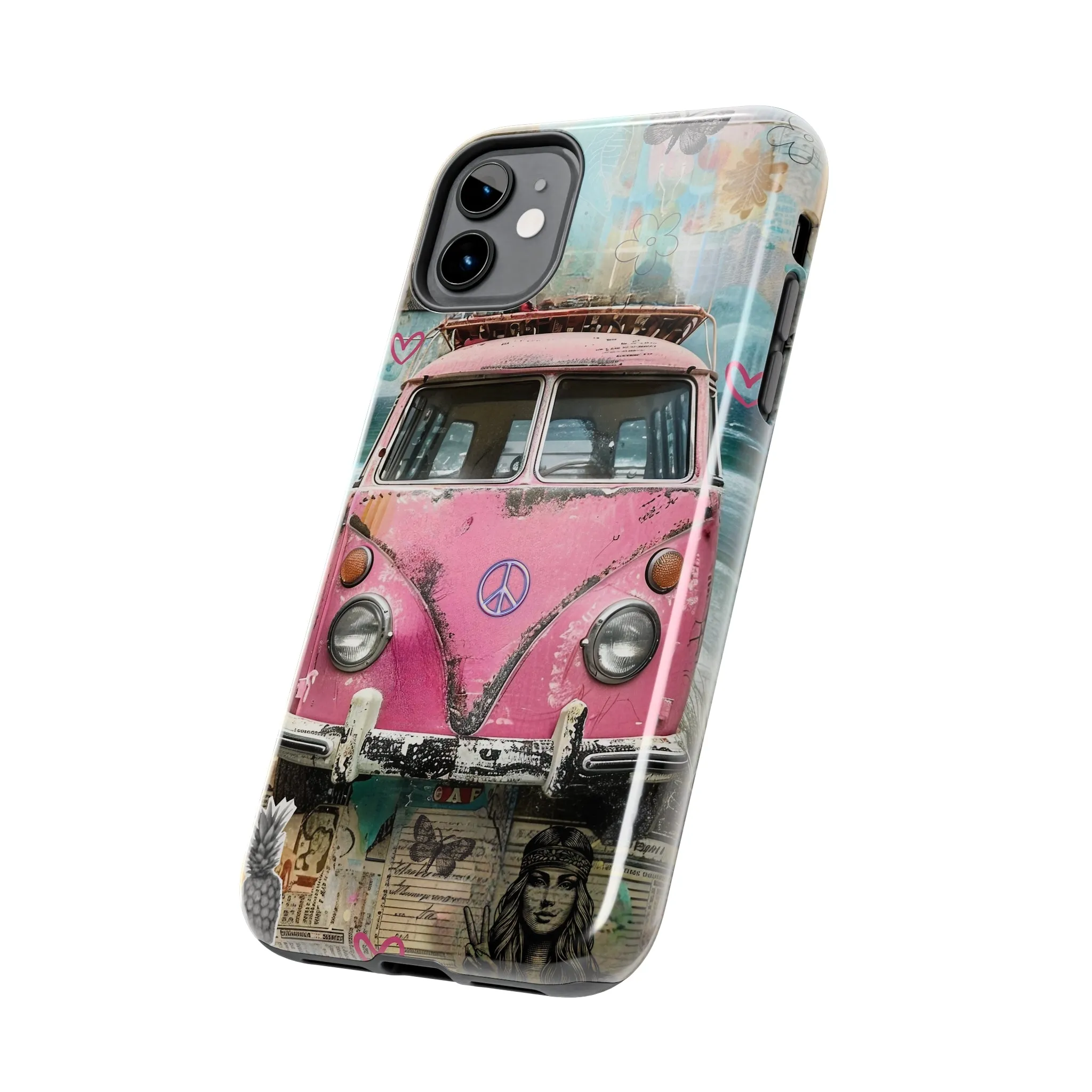 Vintage Pink Hippie Van Collage iPhone Case, Retro Beach Scene Collage, Bohemian Aesthetic Phone Cover, Artsy Surf Design, Protective Phone Cover compatible with a large variety of iPhone models, Phone Case, Gift