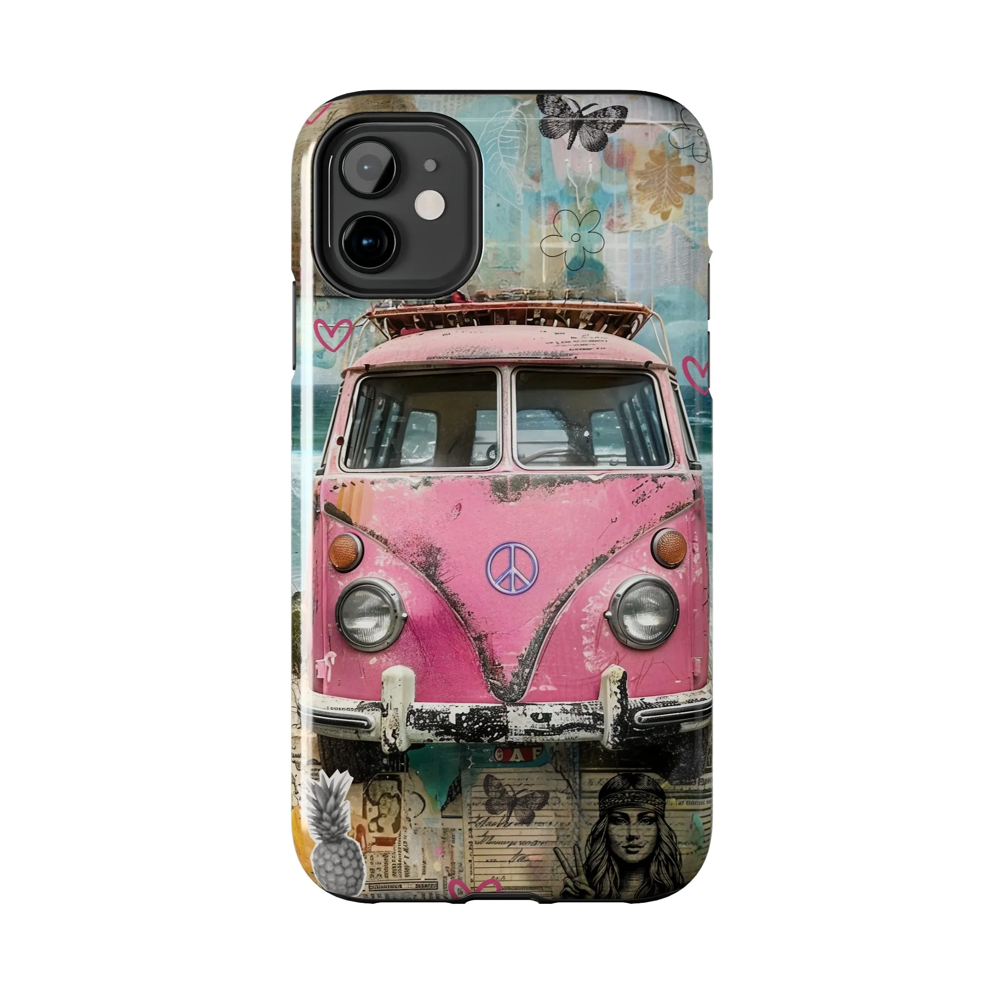 Vintage Pink Hippie Van Collage iPhone Case, Retro Beach Scene Collage, Bohemian Aesthetic Phone Cover, Artsy Surf Design, Protective Phone Cover compatible with a large variety of iPhone models, Phone Case, Gift