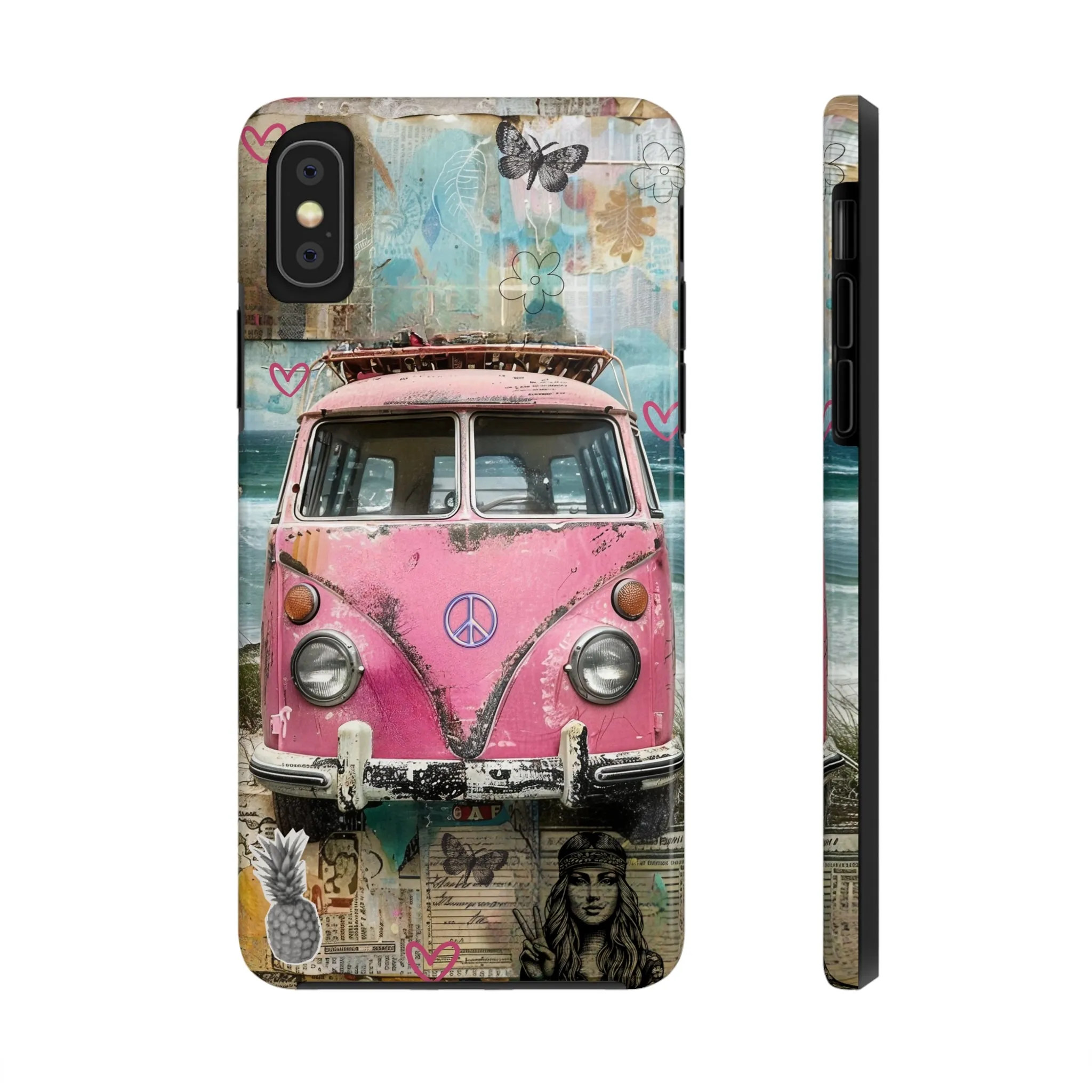 Vintage Pink Hippie Van Collage iPhone Case, Retro Beach Scene Collage, Bohemian Aesthetic Phone Cover, Artsy Surf Design, Protective Phone Cover compatible with a large variety of iPhone models, Phone Case, Gift