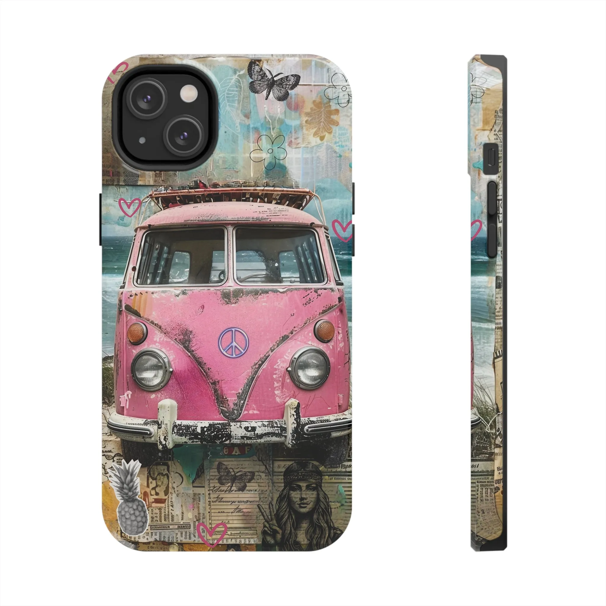 Vintage Pink Hippie Van Collage iPhone Case, Retro Beach Scene Collage, Bohemian Aesthetic Phone Cover, Artsy Surf Design, Protective Phone Cover compatible with a large variety of iPhone models, Phone Case, Gift