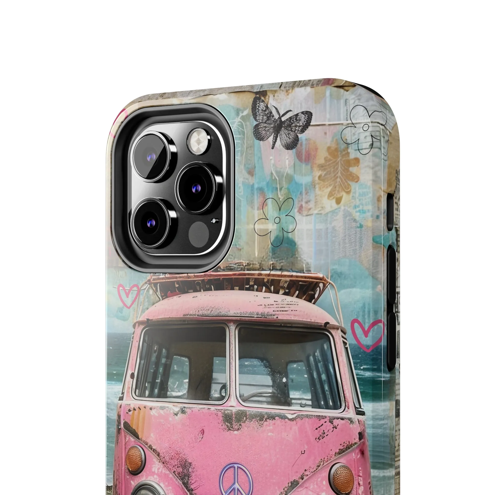 Vintage Pink Hippie Van Collage iPhone Case, Retro Beach Scene Collage, Bohemian Aesthetic Phone Cover, Artsy Surf Design, Protective Phone Cover compatible with a large variety of iPhone models, Phone Case, Gift