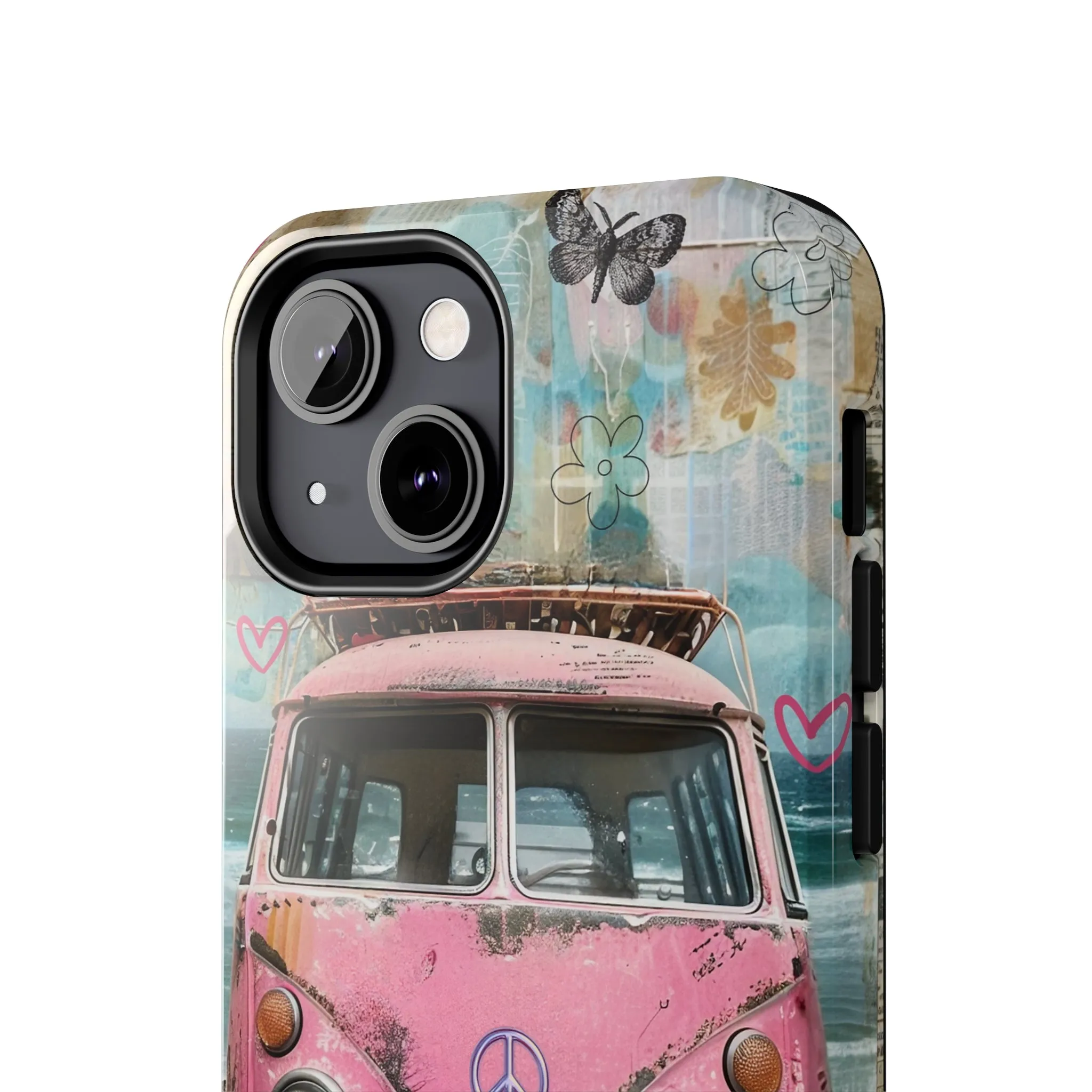 Vintage Pink Hippie Van Collage iPhone Case, Retro Beach Scene Collage, Bohemian Aesthetic Phone Cover, Artsy Surf Design, Protective Phone Cover compatible with a large variety of iPhone models, Phone Case, Gift