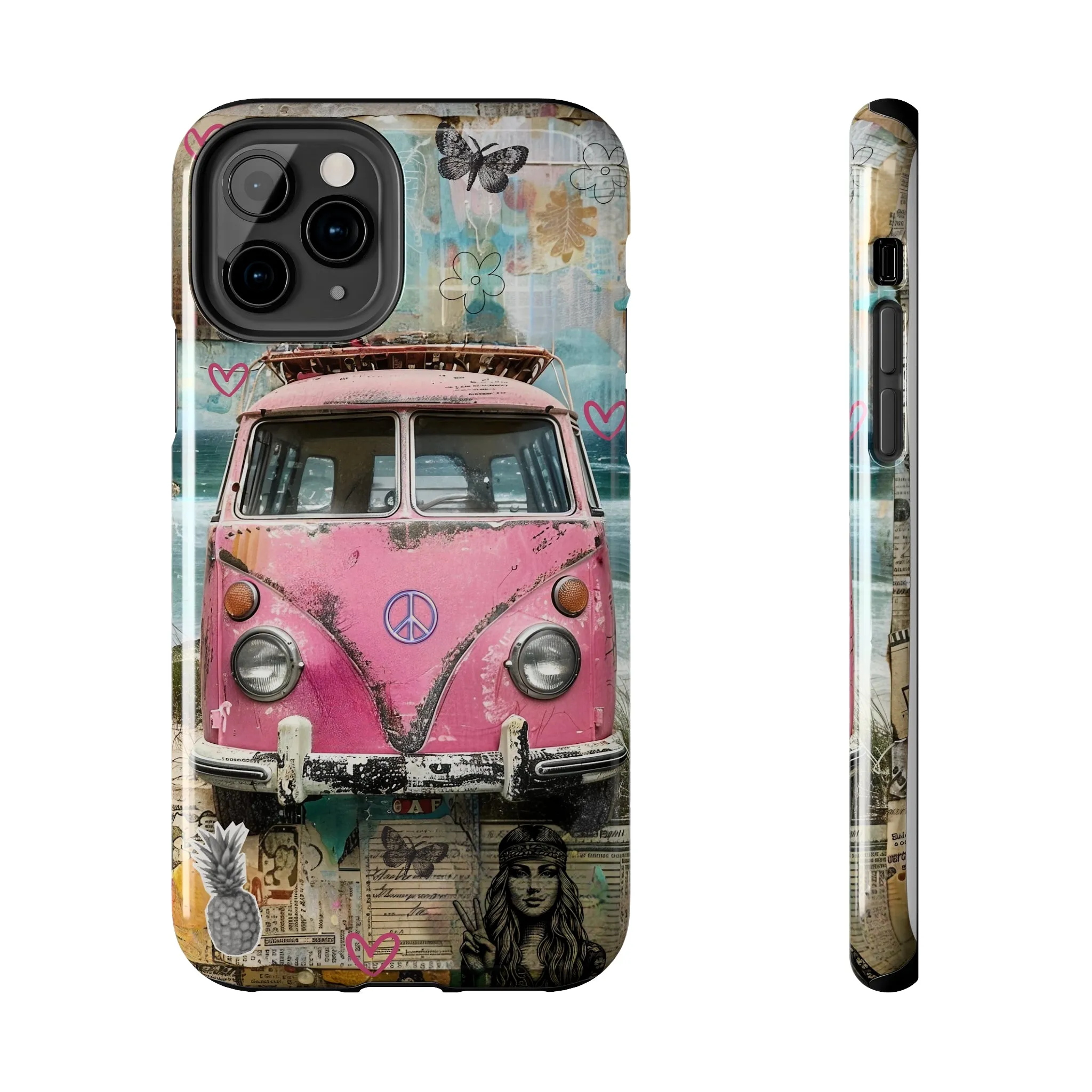 Vintage Pink Hippie Van Collage iPhone Case, Retro Beach Scene Collage, Bohemian Aesthetic Phone Cover, Artsy Surf Design, Protective Phone Cover compatible with a large variety of iPhone models, Phone Case, Gift