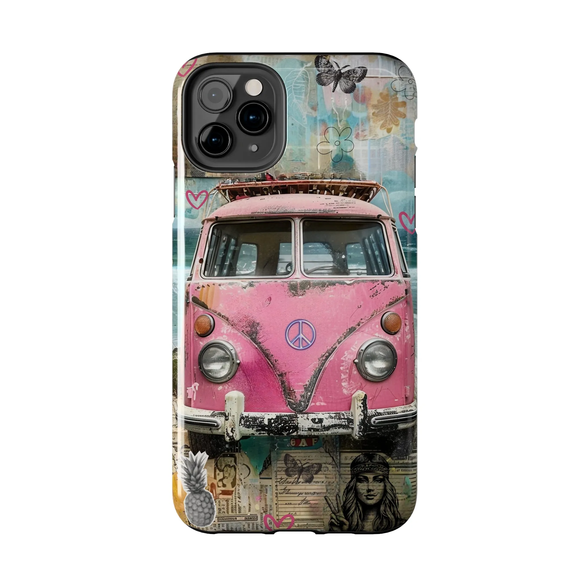 Vintage Pink Hippie Van Collage iPhone Case, Retro Beach Scene Collage, Bohemian Aesthetic Phone Cover, Artsy Surf Design, Protective Phone Cover compatible with a large variety of iPhone models, Phone Case, Gift