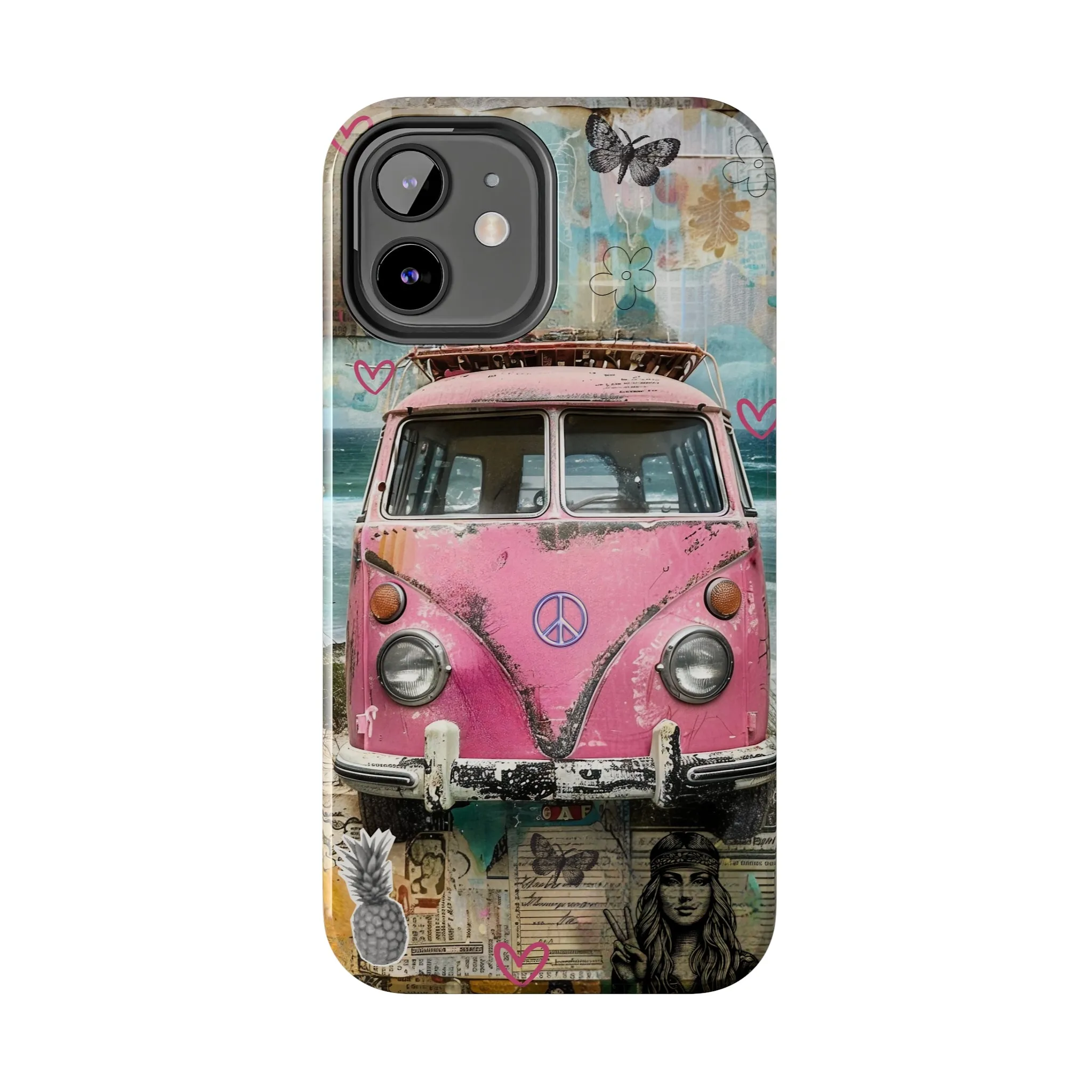 Vintage Pink Hippie Van Collage iPhone Case, Retro Beach Scene Collage, Bohemian Aesthetic Phone Cover, Artsy Surf Design, Protective Phone Cover compatible with a large variety of iPhone models, Phone Case, Gift