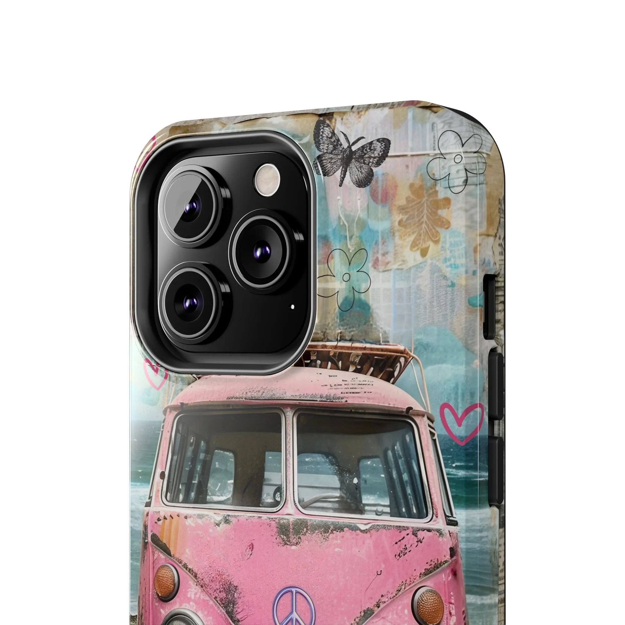 Vintage Pink Hippie Van Collage iPhone Case, Retro Beach Scene Collage, Bohemian Aesthetic Phone Cover, Artsy Surf Design, Protective Phone Cover compatible with a large variety of iPhone models, Phone Case, Gift