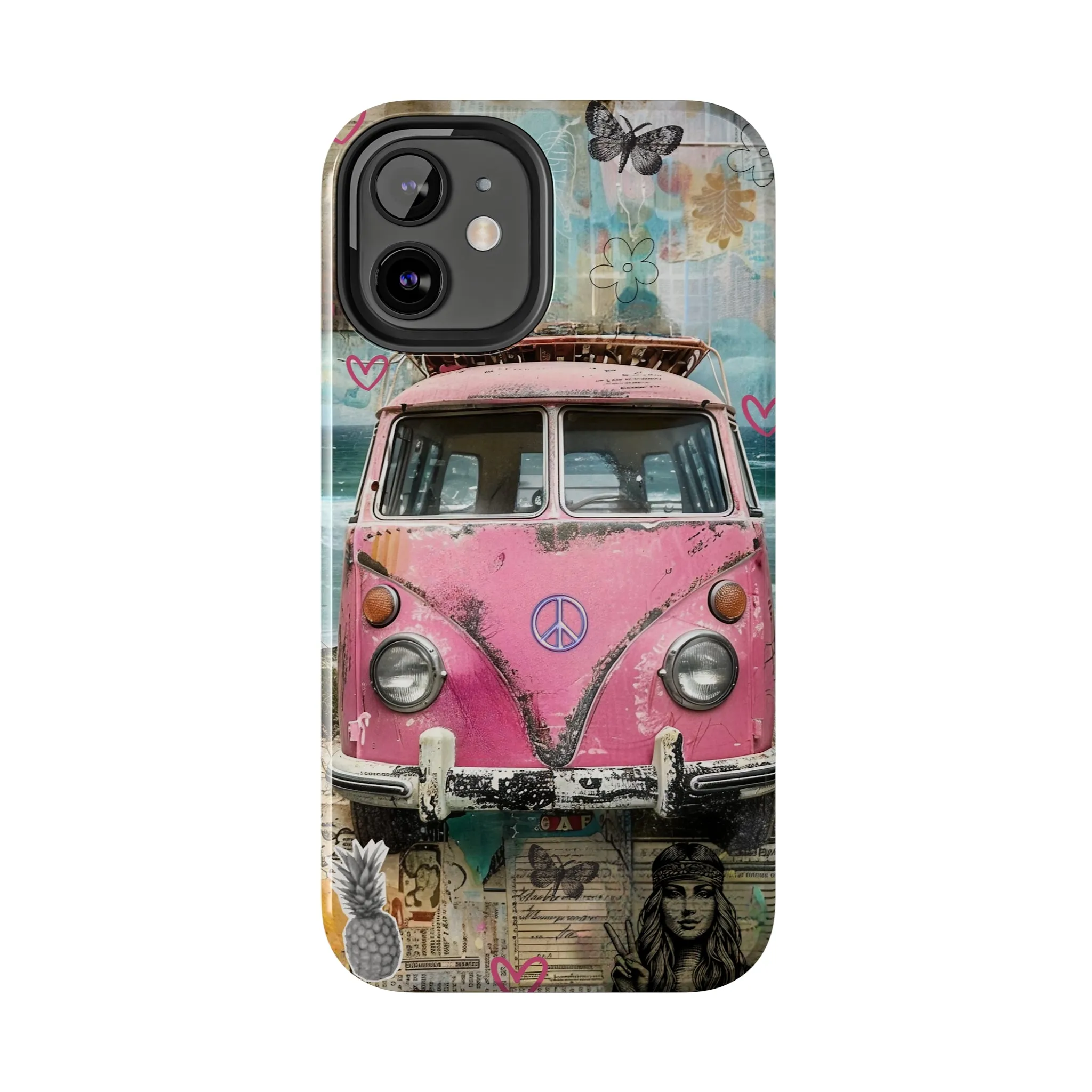 Vintage Pink Hippie Van Collage iPhone Case, Retro Beach Scene Collage, Bohemian Aesthetic Phone Cover, Artsy Surf Design, Protective Phone Cover compatible with a large variety of iPhone models, Phone Case, Gift