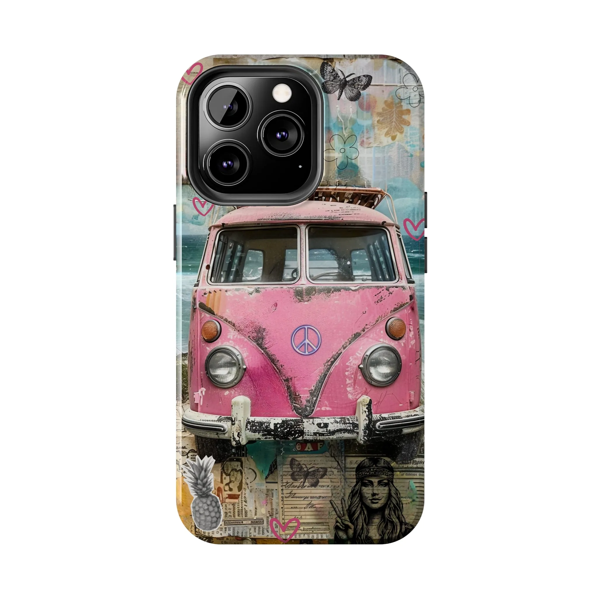 Vintage Pink Hippie Van Collage iPhone Case, Retro Beach Scene Collage, Bohemian Aesthetic Phone Cover, Artsy Surf Design, Protective Phone Cover compatible with a large variety of iPhone models, Phone Case, Gift