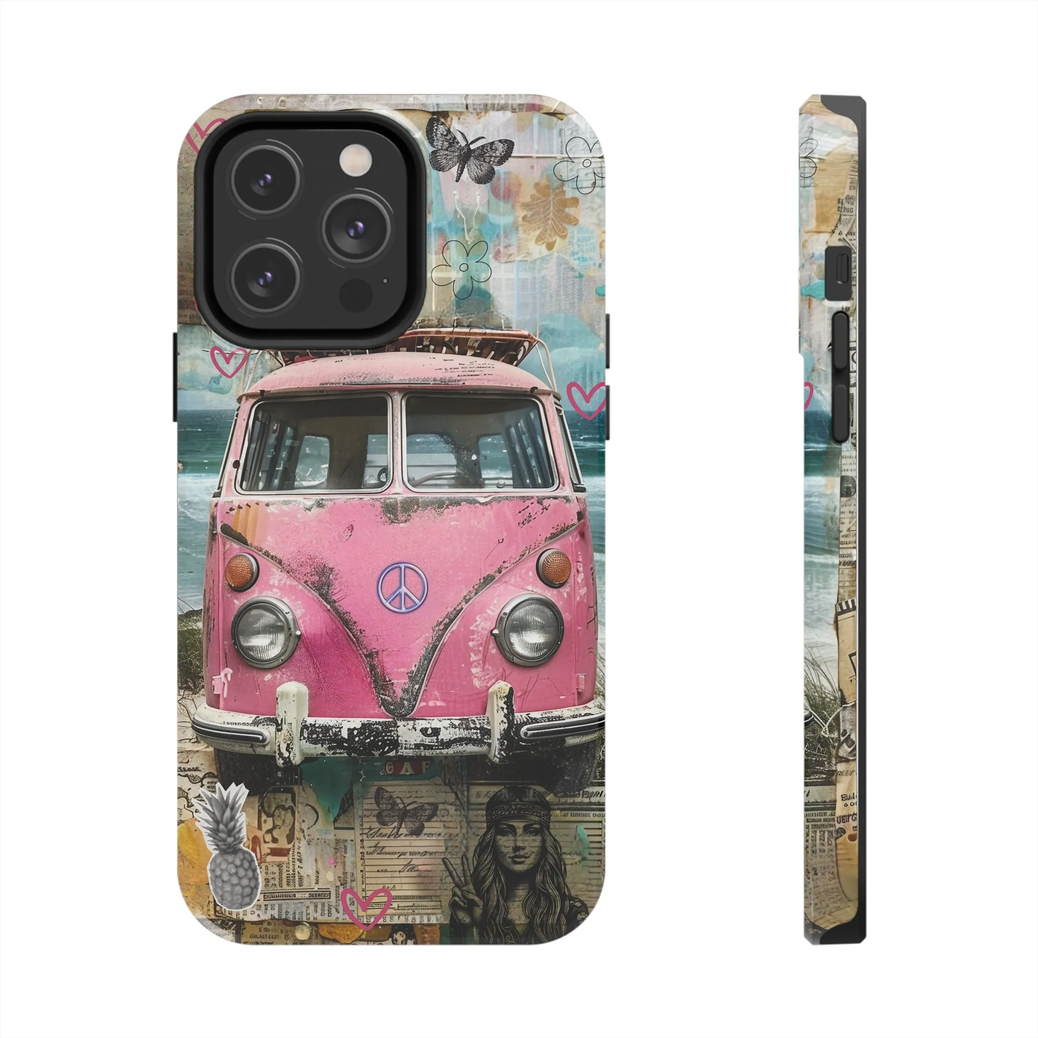 Vintage Pink Hippie Van Collage iPhone Case, Retro Beach Scene Collage, Bohemian Aesthetic Phone Cover, Artsy Surf Design, Protective Phone Cover compatible with a large variety of iPhone models, Phone Case, Gift