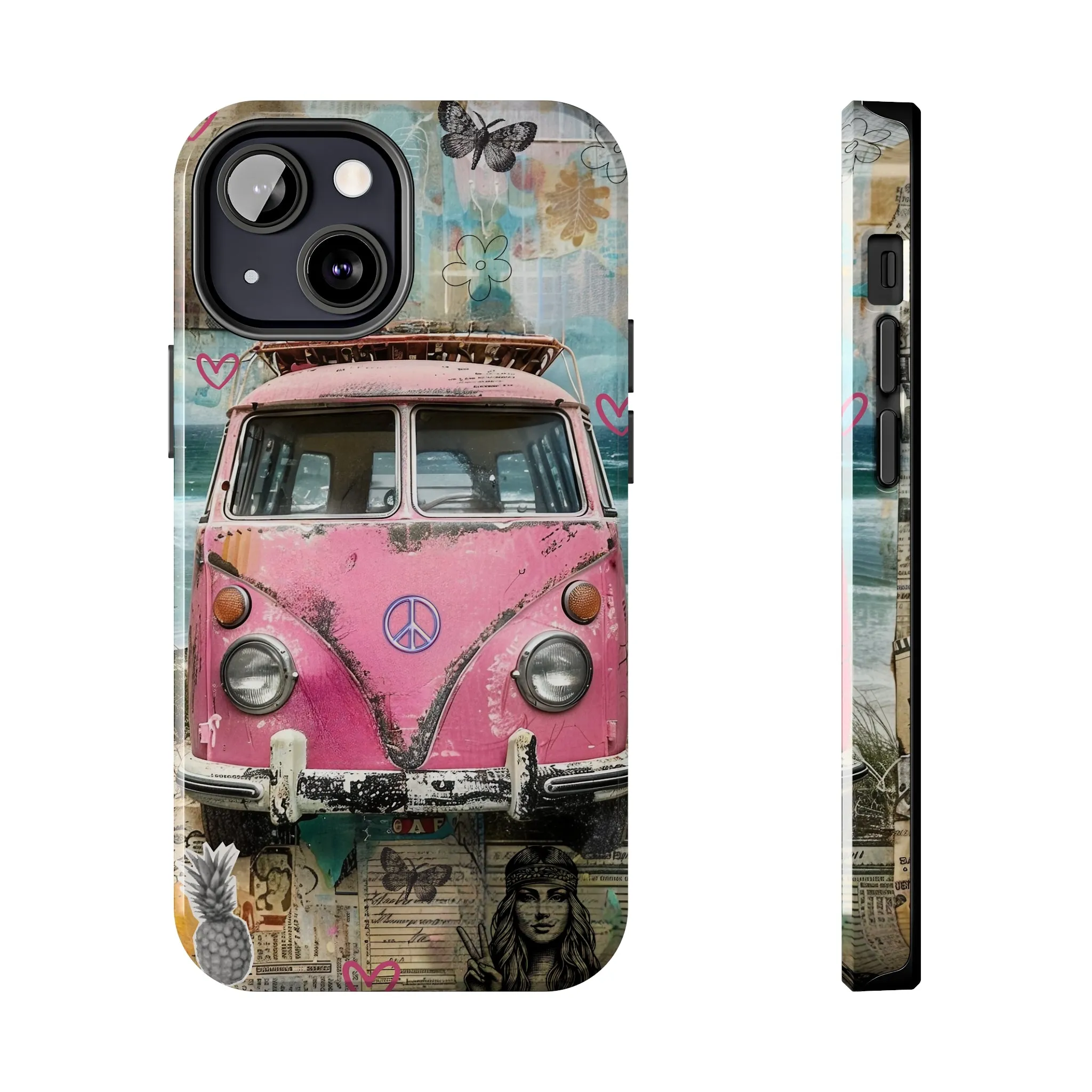 Vintage Pink Hippie Van Collage iPhone Case, Retro Beach Scene Collage, Bohemian Aesthetic Phone Cover, Artsy Surf Design, Protective Phone Cover compatible with a large variety of iPhone models, Phone Case, Gift