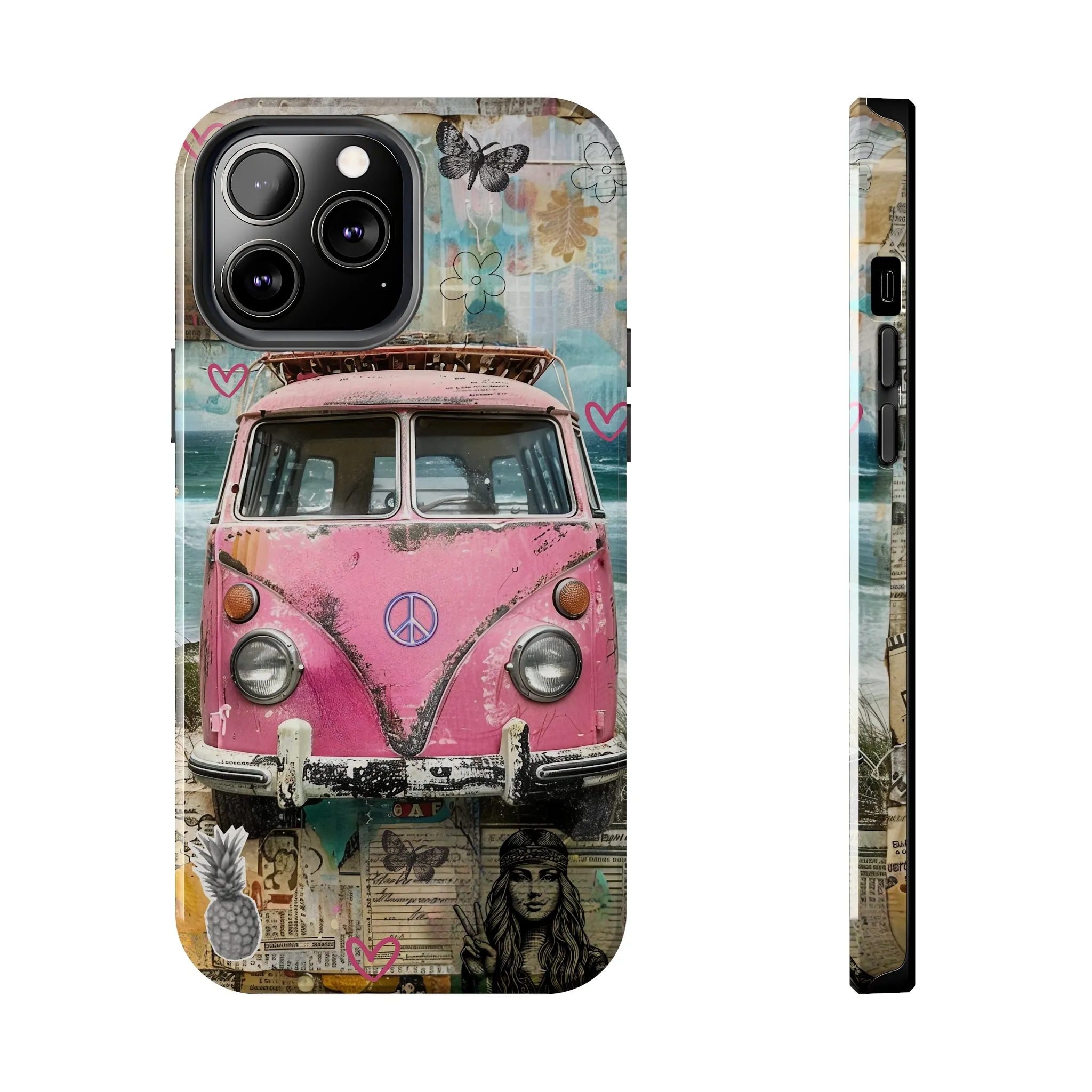 Vintage Pink Hippie Van Collage iPhone Case, Retro Beach Scene Collage, Bohemian Aesthetic Phone Cover, Artsy Surf Design, Protective Phone Cover compatible with a large variety of iPhone models, Phone Case, Gift