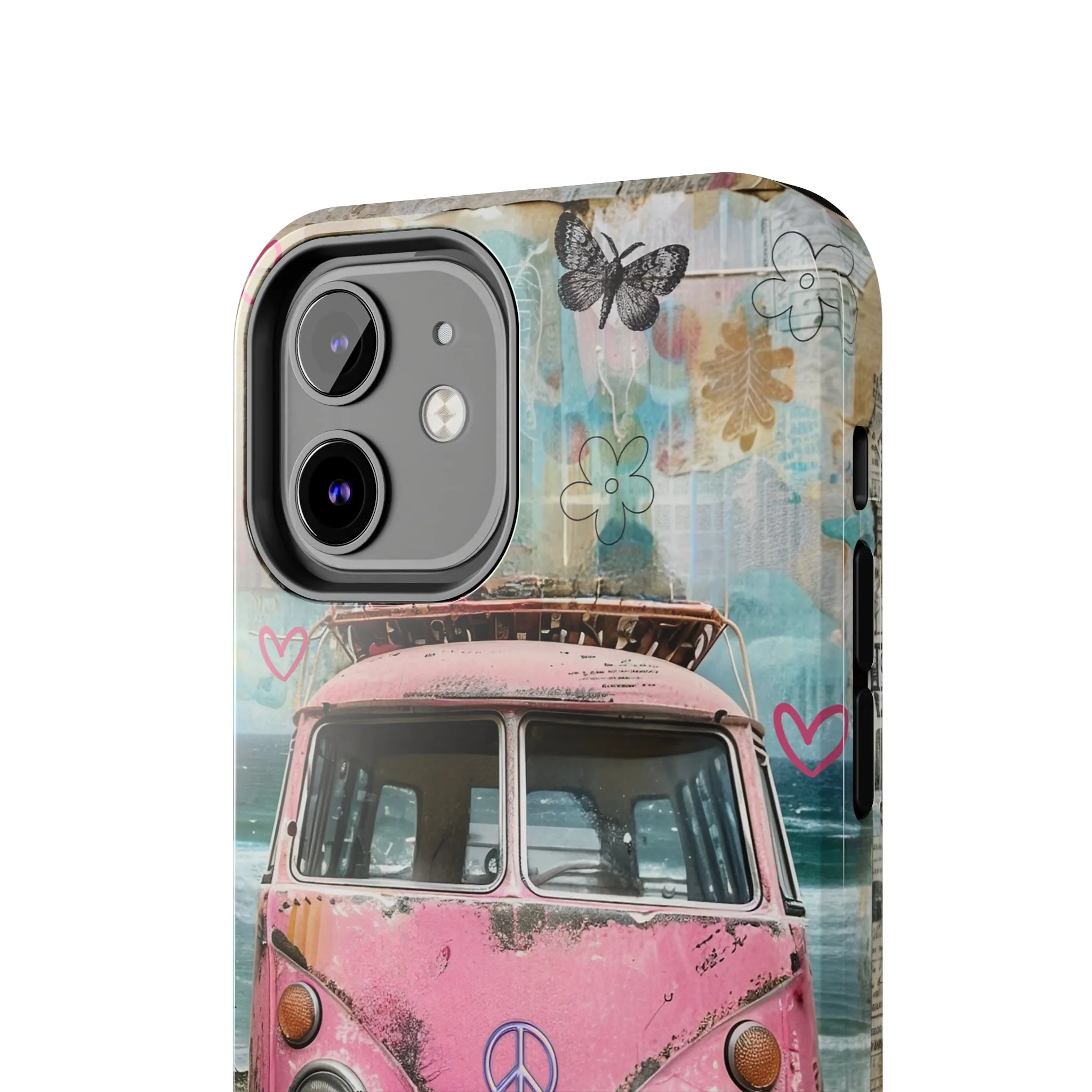 Vintage Pink Hippie Van Collage iPhone Case, Retro Beach Scene Collage, Bohemian Aesthetic Phone Cover, Artsy Surf Design, Protective Phone Cover compatible with a large variety of iPhone models, Phone Case, Gift