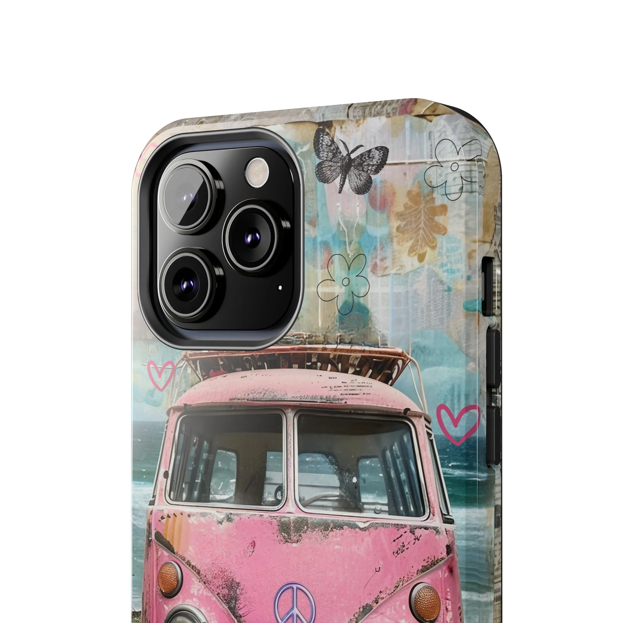 Vintage Pink Hippie Van Collage iPhone Case, Retro Beach Scene Collage, Bohemian Aesthetic Phone Cover, Artsy Surf Design, Protective Phone Cover compatible with a large variety of iPhone models, Phone Case, Gift