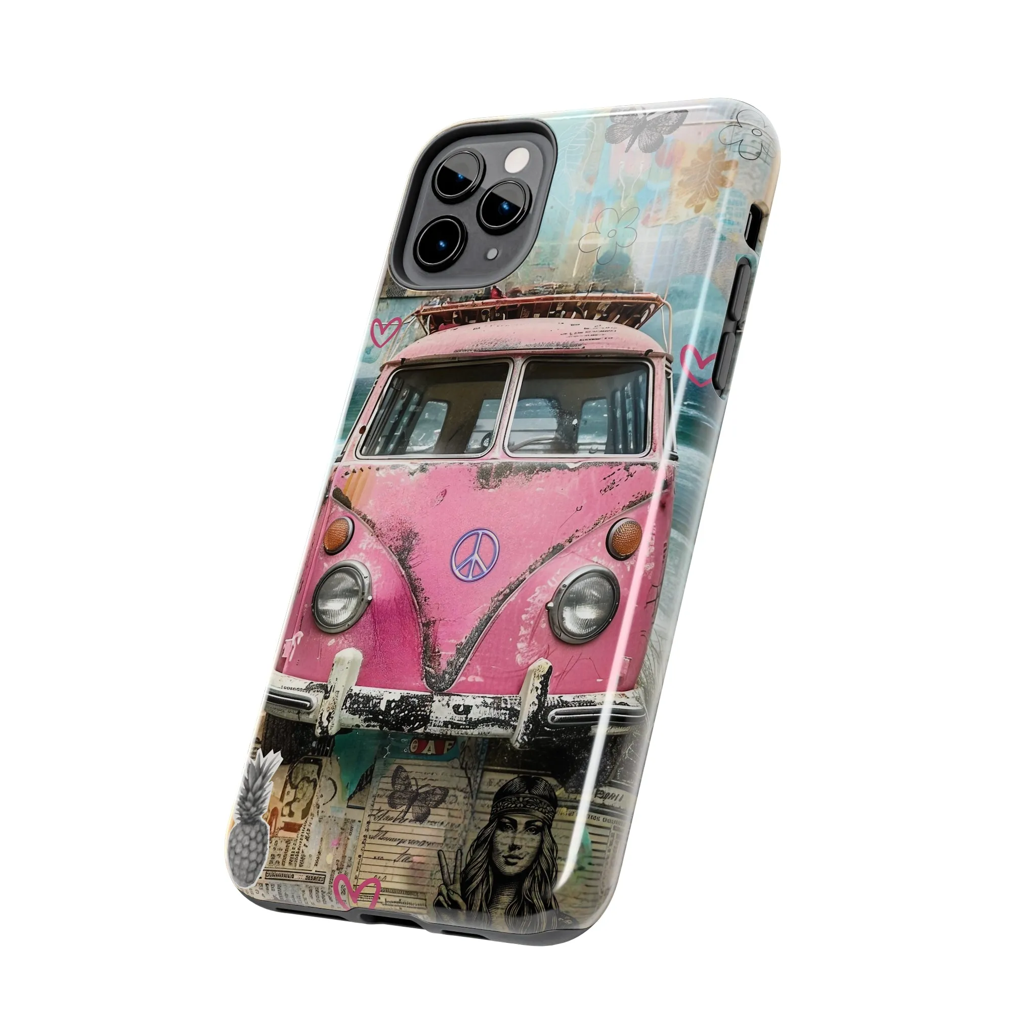 Vintage Pink Hippie Van Collage iPhone Case, Retro Beach Scene Collage, Bohemian Aesthetic Phone Cover, Artsy Surf Design, Protective Phone Cover compatible with a large variety of iPhone models, Phone Case, Gift