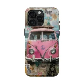 Vintage Pink Hippie Van Collage iPhone Case, Retro Beach Scene Collage, Bohemian Aesthetic Phone Cover, Artsy Surf Design, Protective Phone Cover compatible with a large variety of iPhone models, Phone Case, Gift