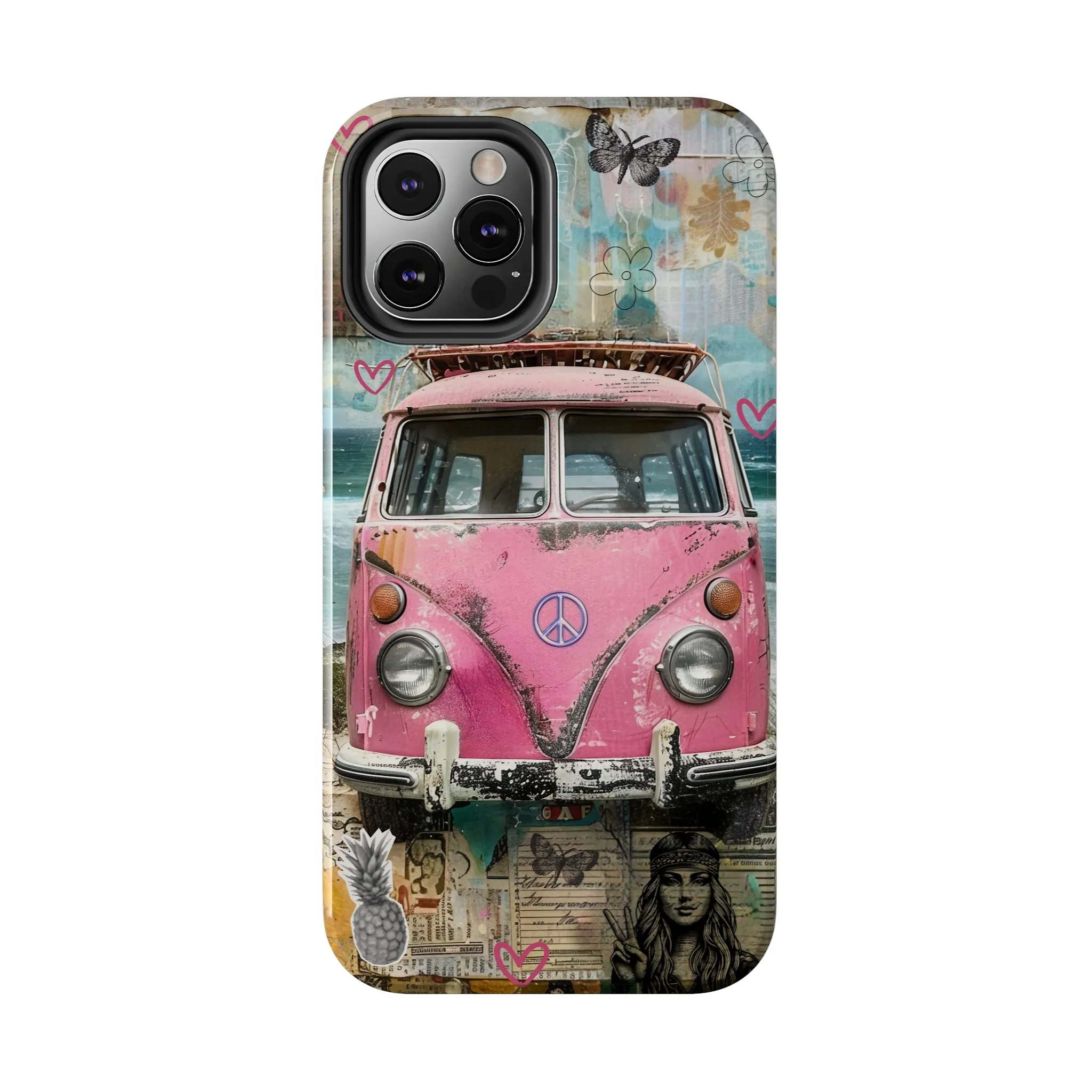 Vintage Pink Hippie Van Collage iPhone Case, Retro Beach Scene Collage, Bohemian Aesthetic Phone Cover, Artsy Surf Design, Protective Phone Cover compatible with a large variety of iPhone models, Phone Case, Gift