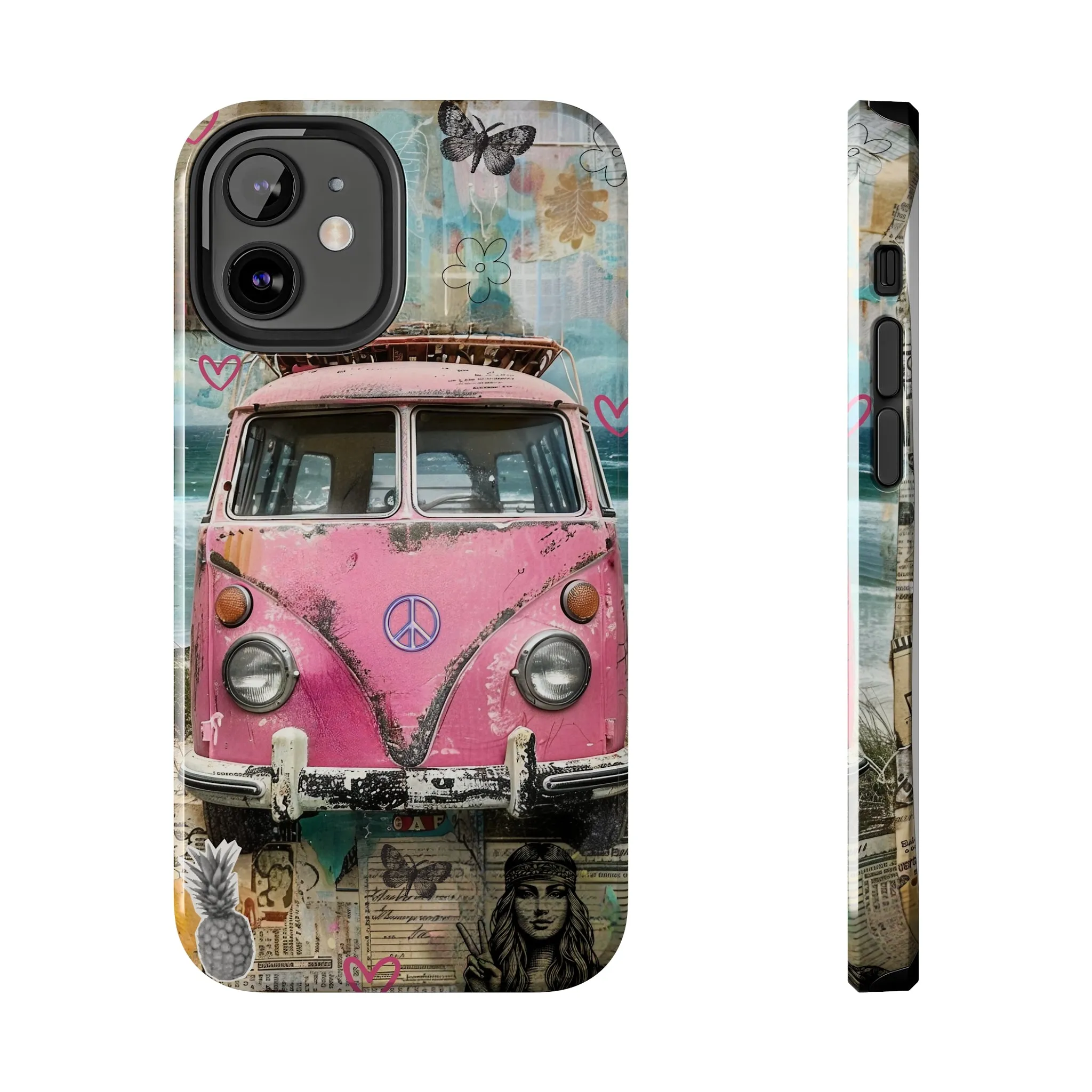 Vintage Pink Hippie Van Collage iPhone Case, Retro Beach Scene Collage, Bohemian Aesthetic Phone Cover, Artsy Surf Design, Protective Phone Cover compatible with a large variety of iPhone models, Phone Case, Gift