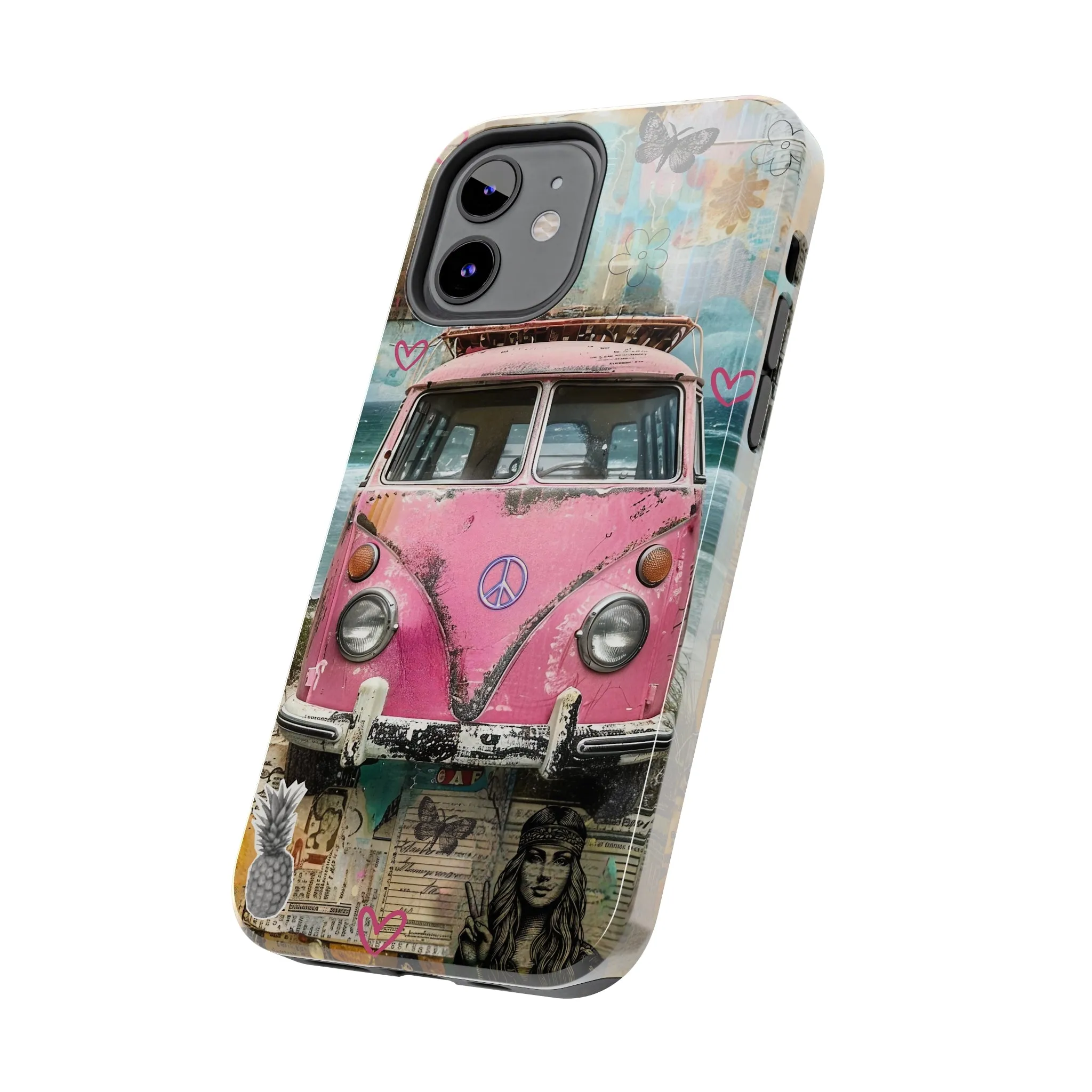 Vintage Pink Hippie Van Collage iPhone Case, Retro Beach Scene Collage, Bohemian Aesthetic Phone Cover, Artsy Surf Design, Protective Phone Cover compatible with a large variety of iPhone models, Phone Case, Gift