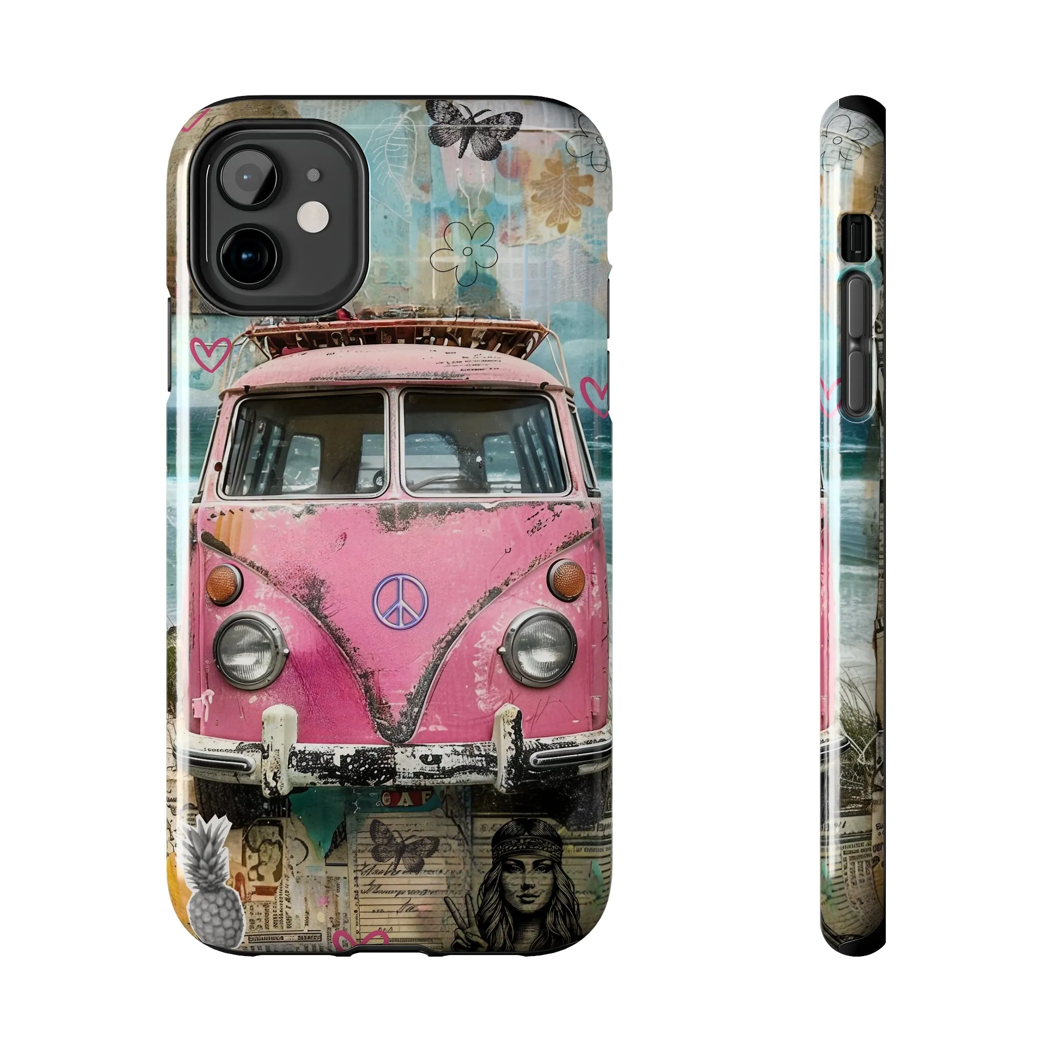 Vintage Pink Hippie Van Collage iPhone Case, Retro Beach Scene Collage, Bohemian Aesthetic Phone Cover, Artsy Surf Design, Protective Phone Cover compatible with a large variety of iPhone models, Phone Case, Gift