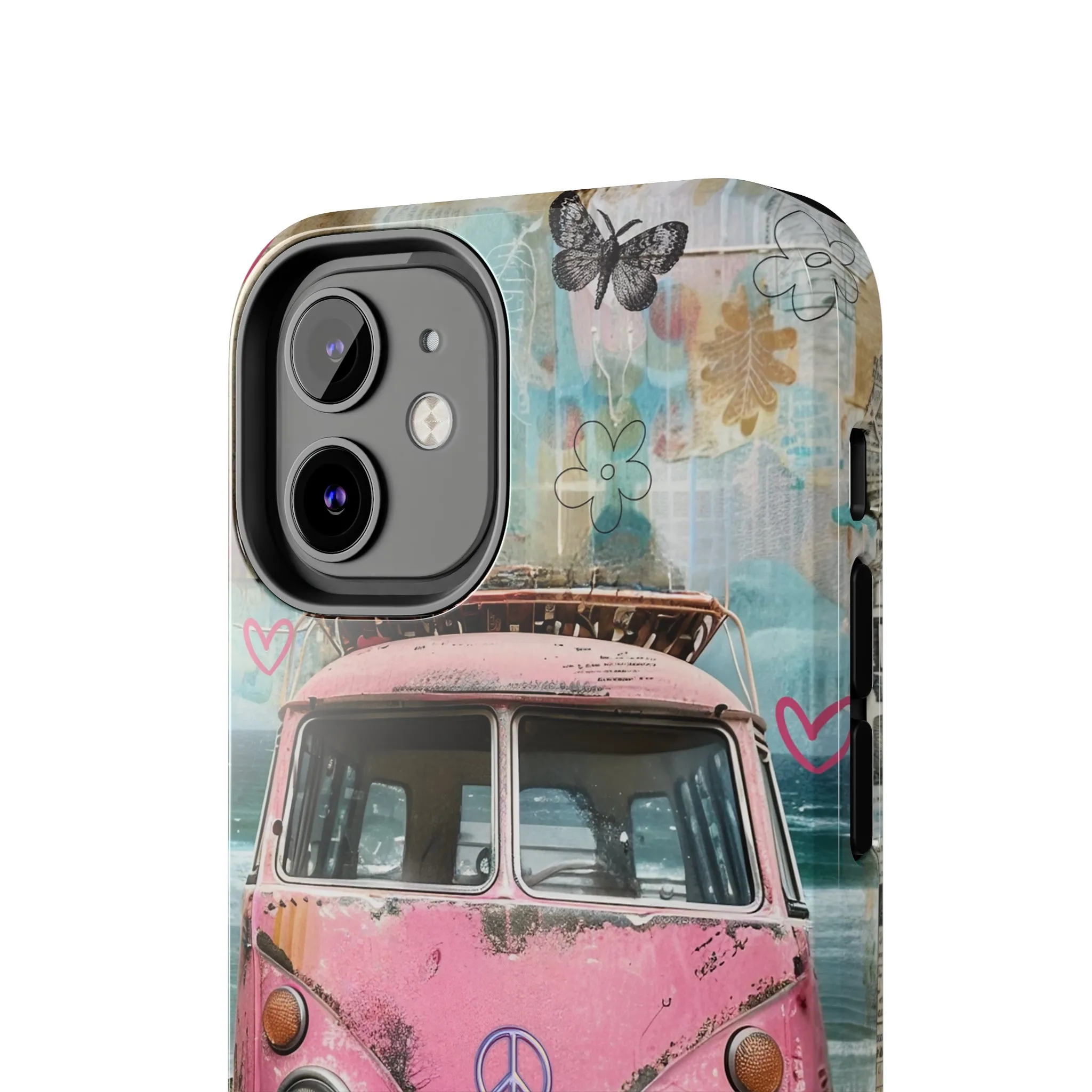 Vintage Pink Hippie Van Collage iPhone Case, Retro Beach Scene Collage, Bohemian Aesthetic Phone Cover, Artsy Surf Design, Protective Phone Cover compatible with a large variety of iPhone models, Phone Case, Gift