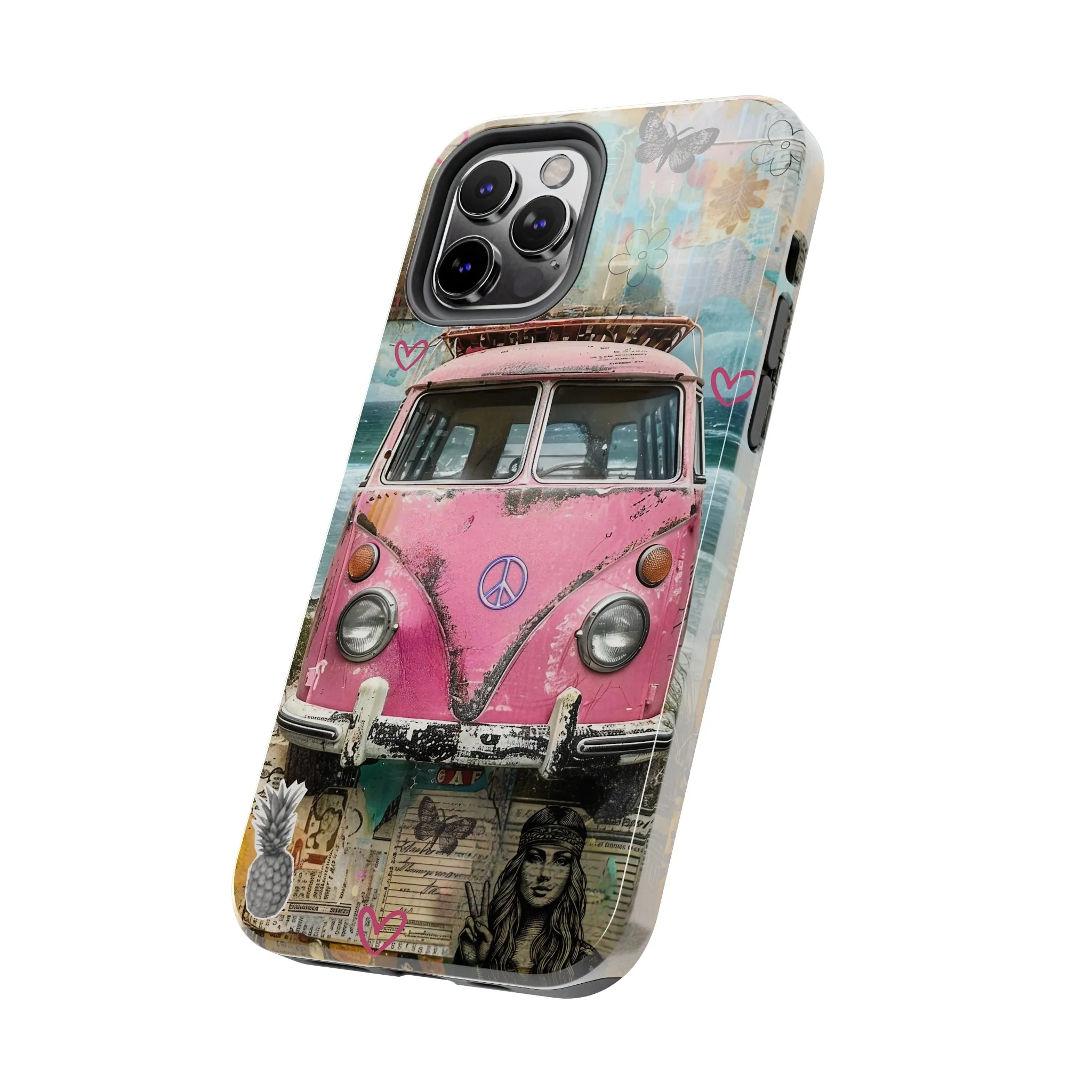 Vintage Pink Hippie Van Collage iPhone Case, Retro Beach Scene Collage, Bohemian Aesthetic Phone Cover, Artsy Surf Design, Protective Phone Cover compatible with a large variety of iPhone models, Phone Case, Gift