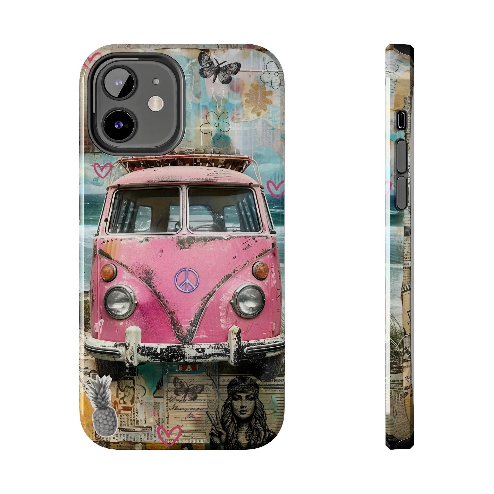 Vintage Pink Hippie Van Collage iPhone Case, Retro Beach Scene Collage, Bohemian Aesthetic Phone Cover, Artsy Surf Design, Protective Phone Cover compatible with a large variety of iPhone models, Phone Case, Gift