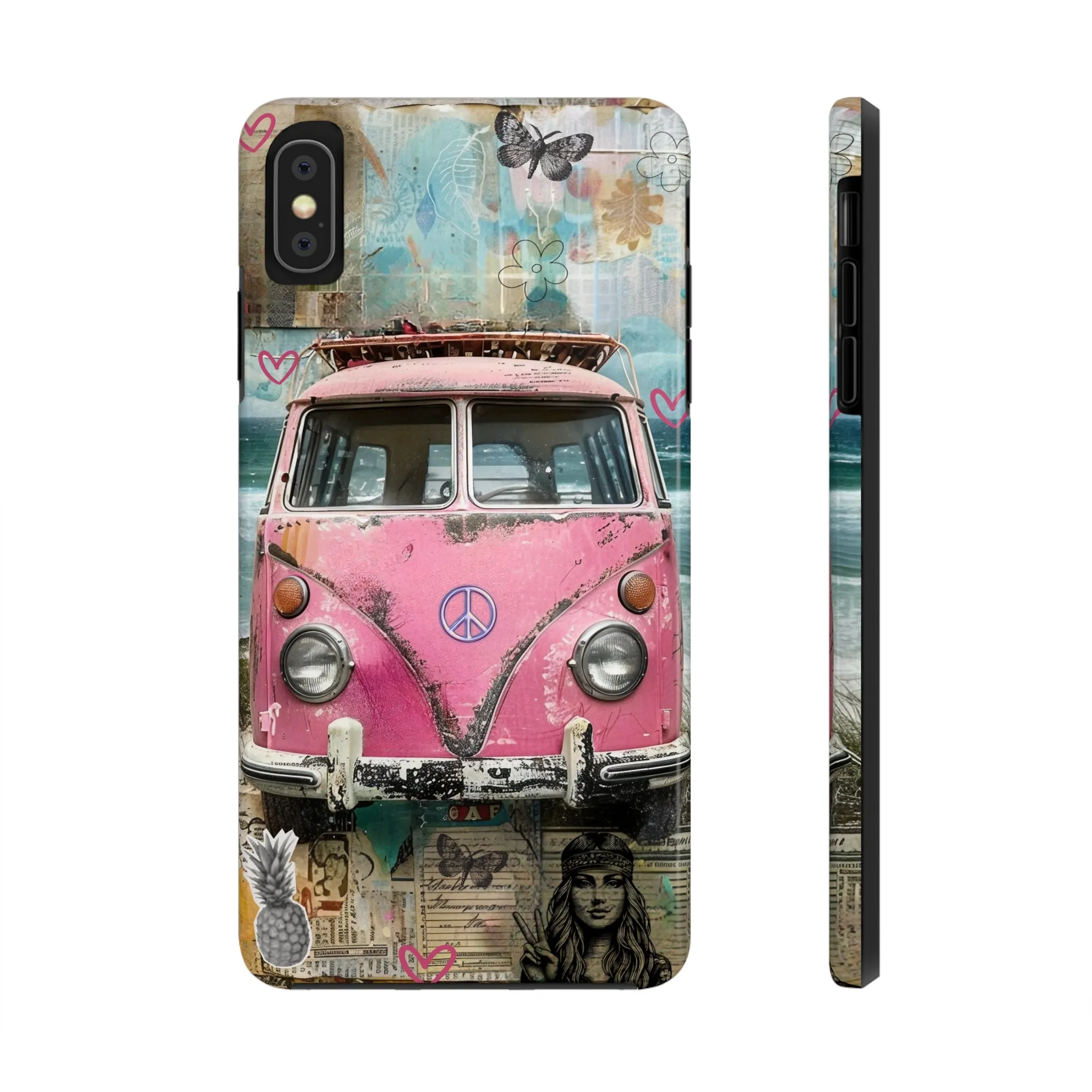 Vintage Pink Hippie Van Collage iPhone Case, Retro Beach Scene Collage, Bohemian Aesthetic Phone Cover, Artsy Surf Design, Protective Phone Cover compatible with a large variety of iPhone models, Phone Case, Gift