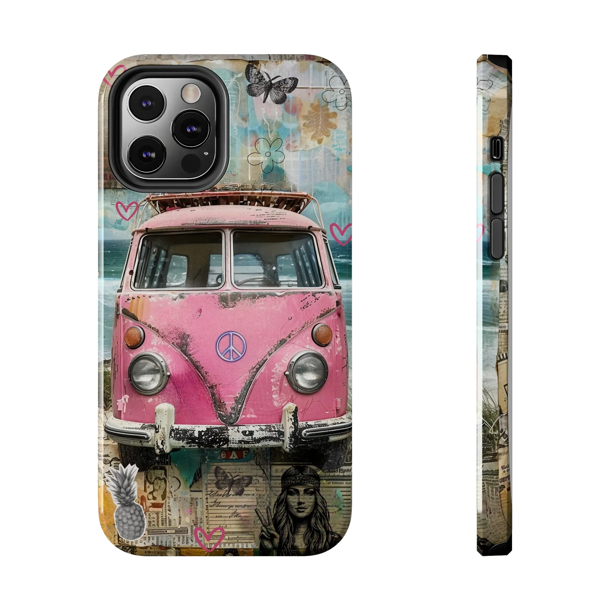 Vintage Pink Hippie Van Collage iPhone Case, Retro Beach Scene Collage, Bohemian Aesthetic Phone Cover, Artsy Surf Design, Protective Phone Cover compatible with a large variety of iPhone models, Phone Case, Gift